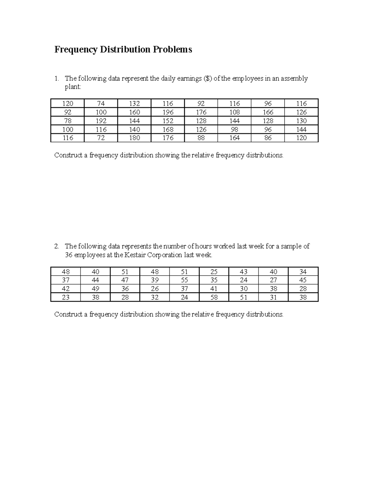 Frequency Distribution Handout - Frequency Distribution Problems The ...