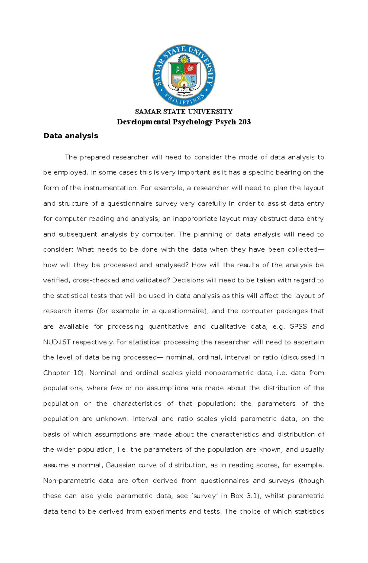 Developmental Psychology Psych 203 2 - SAMAR STATE UNIVERSITY ...