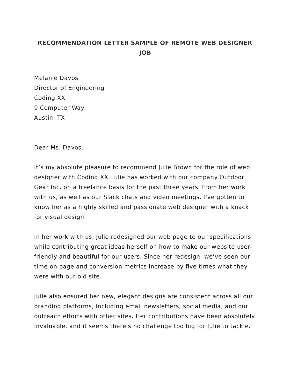 Recommendation letter sample Remote web designer job 09 21 ...