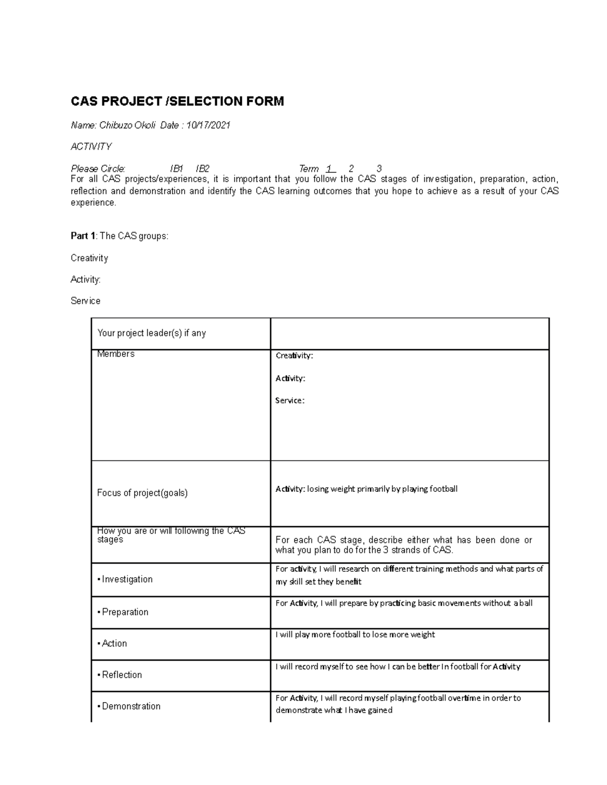 Activity Term 1 CAS proposal form - CAS PROJECT /SELECTION FORM Name ...