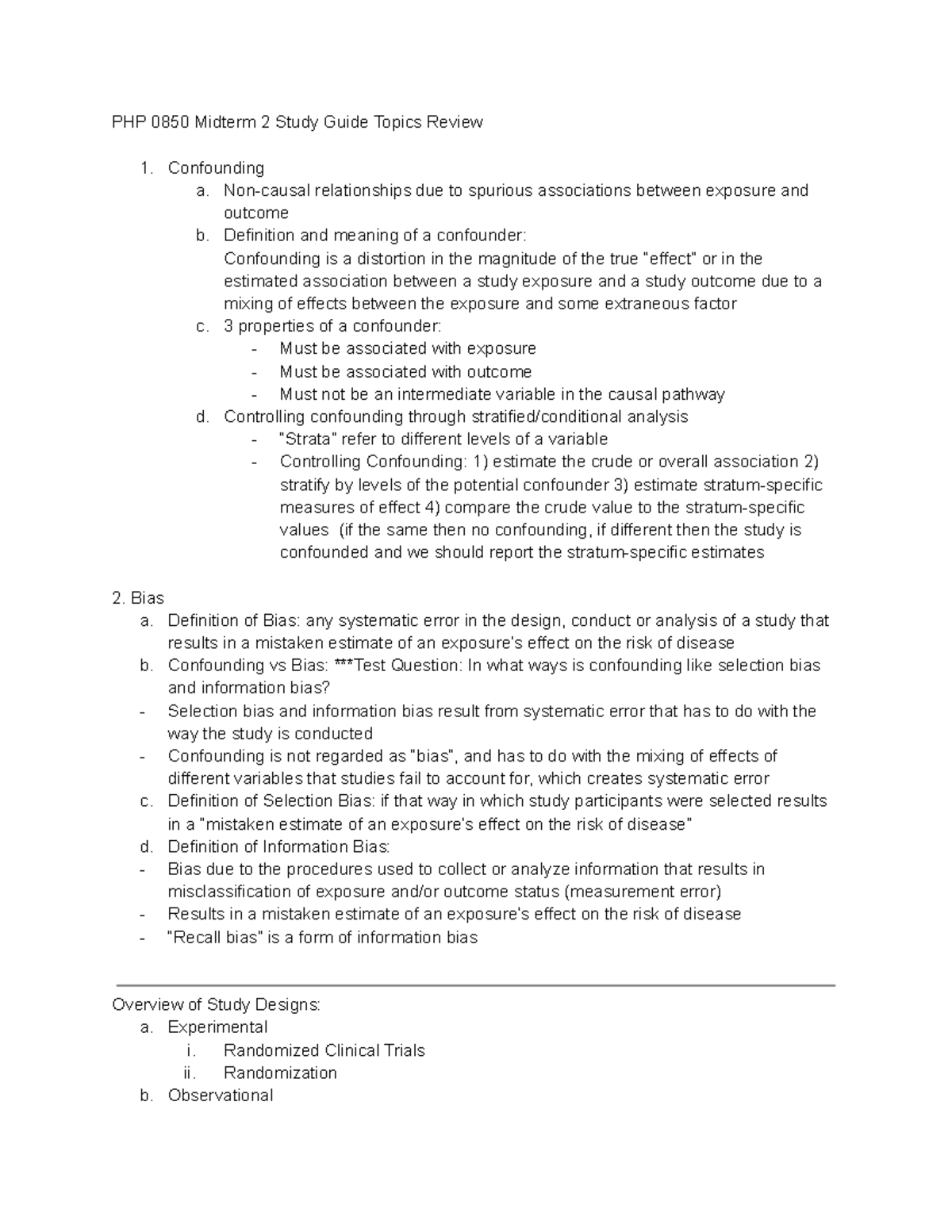 Midterm 2 Study Guide Fundamentals of Epidemiology PHP 0850 Midterm