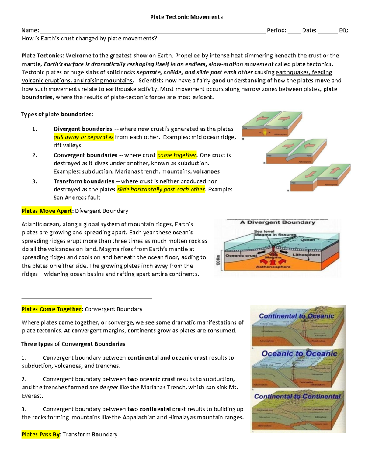 Plate Tectonic Movements WS edited - Plate Tectonic Movements Name ...