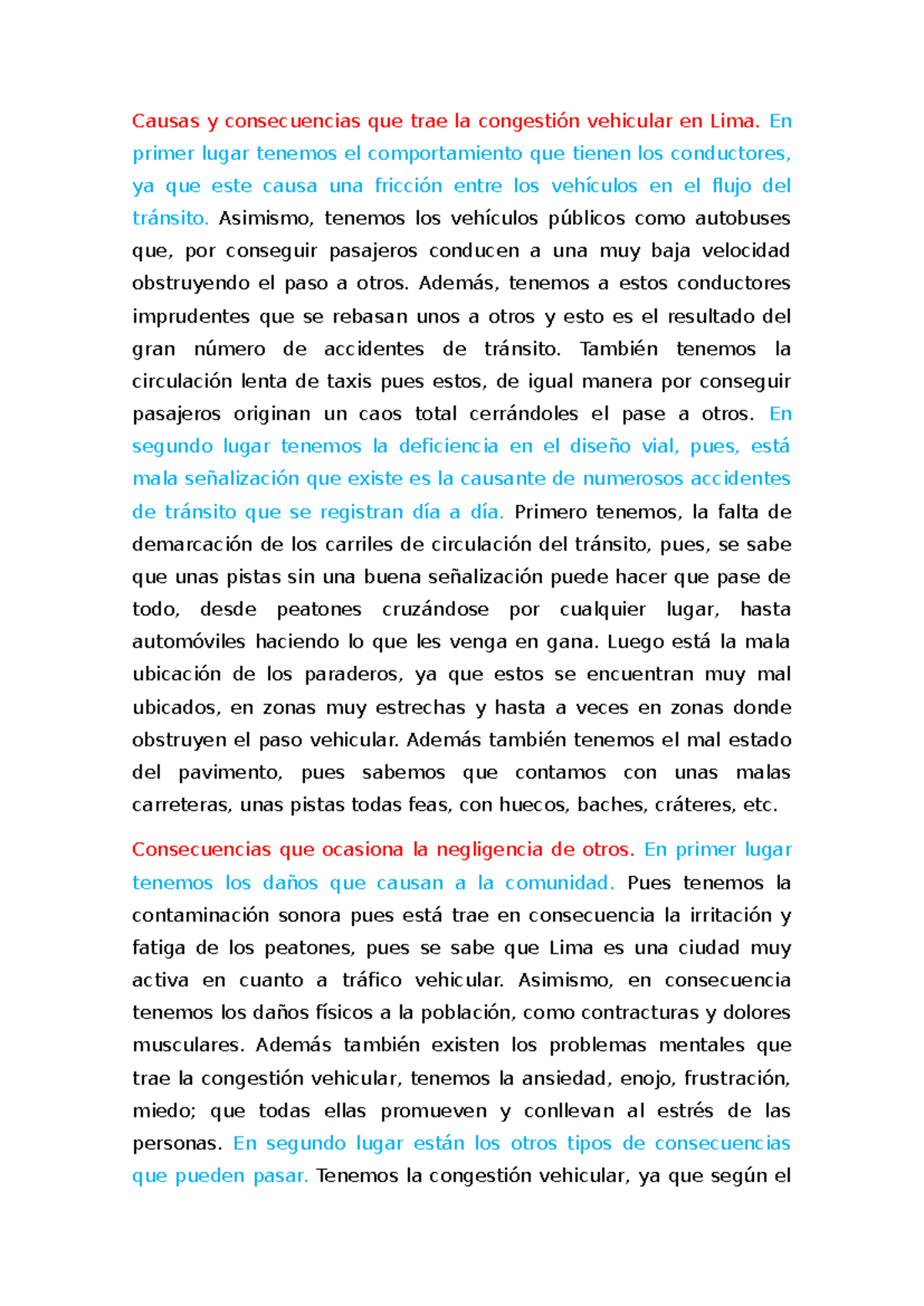 Párrafos Redacción Causas Y Consecuencias Que Trae La Congestión Vehicular En Lima En Primer 9388