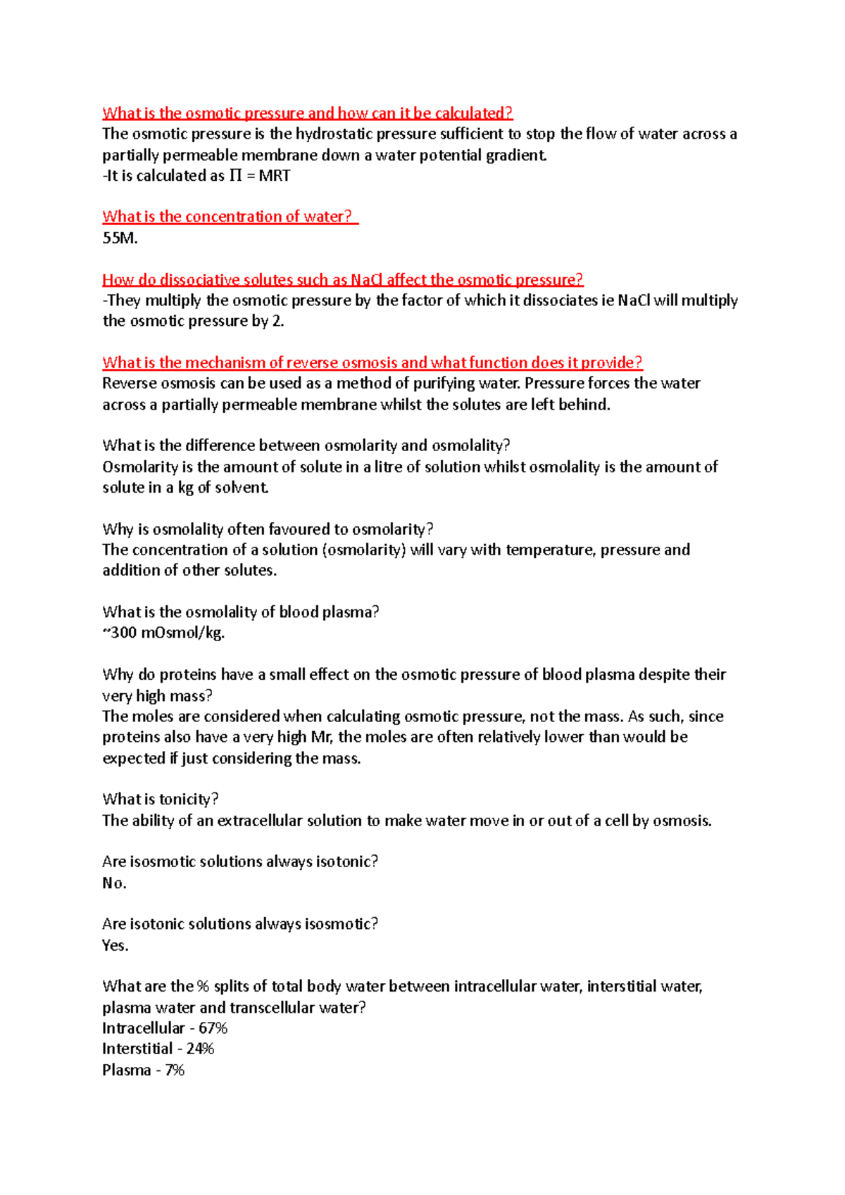 Quizlet questions and answers What is the osmotic pressure and how