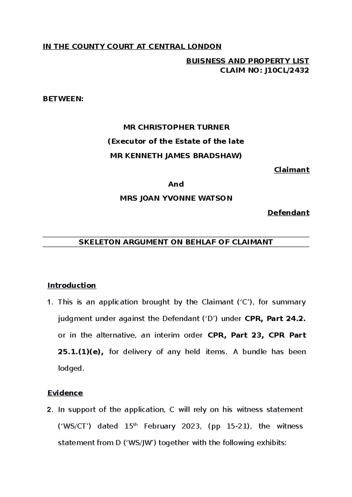 Skeleton argument turner v watson - IN THE COUNTY COURT AT CENTRAL ...