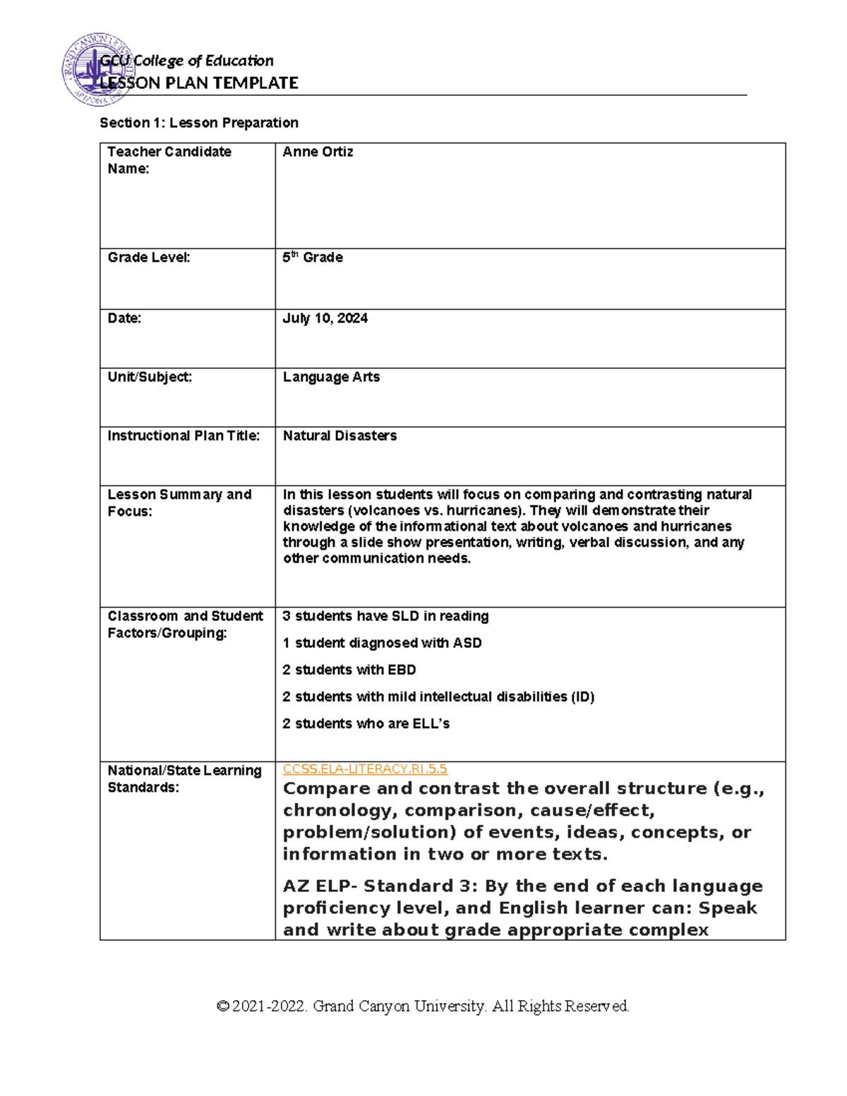 ESL 546 Topic 5 Lesson Plan for ELL - LESSON PLAN TEMPLATE Section 1 ...