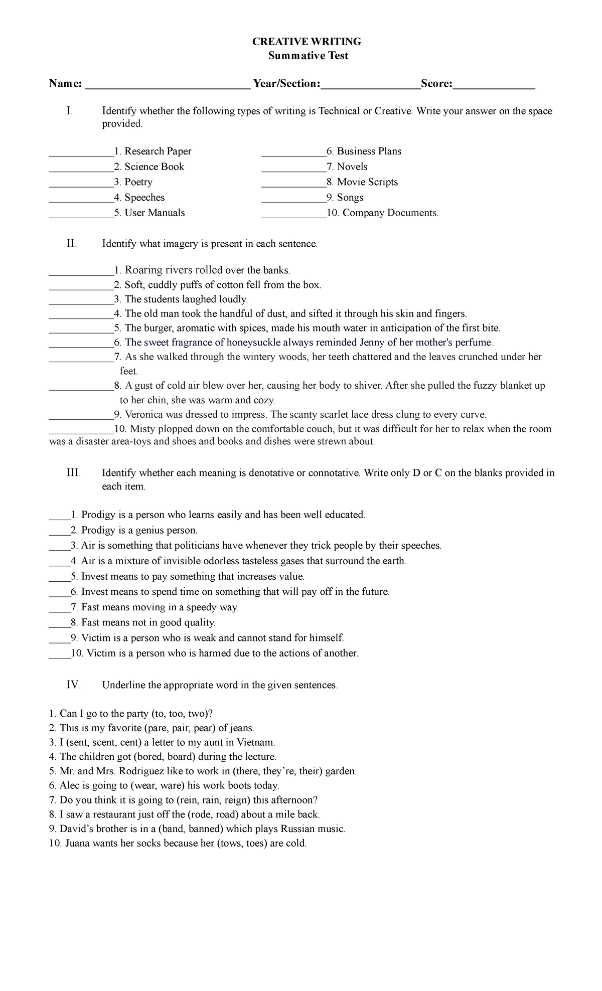 creative writing summative test answer key