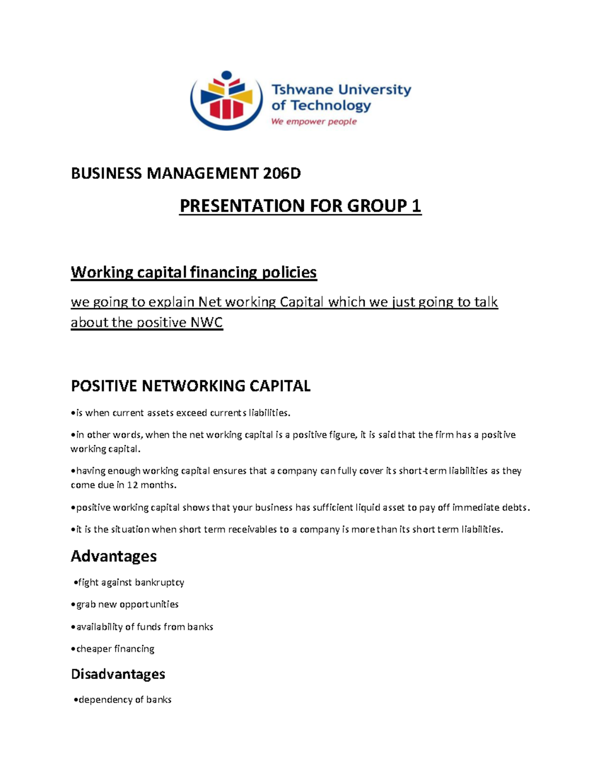 Document 2 - SUMMARY - BUSINESS MANAGEMENT 206D PRESENTATION FOR GROUP ...