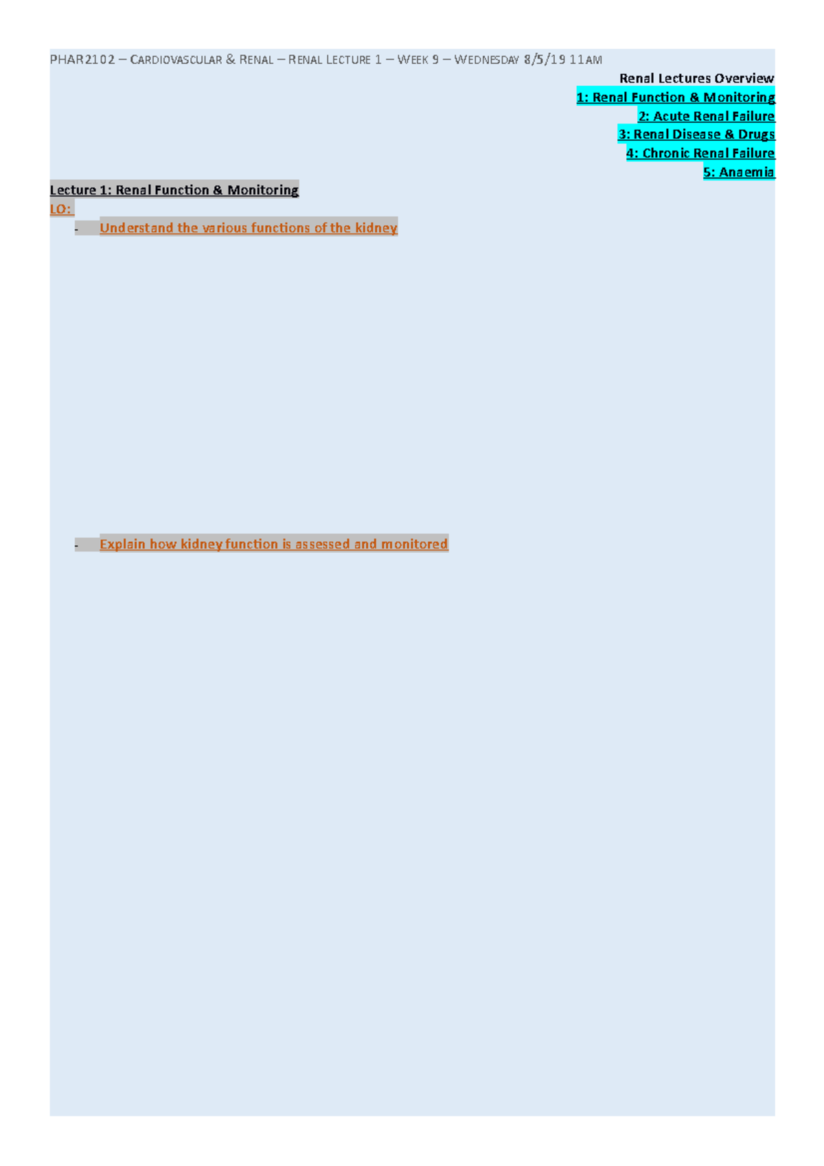 PHAR2102-Renal-L1 - Lecture notes 1 - PHAR2102 – CARDIOVASCULAR & RENAL ...
