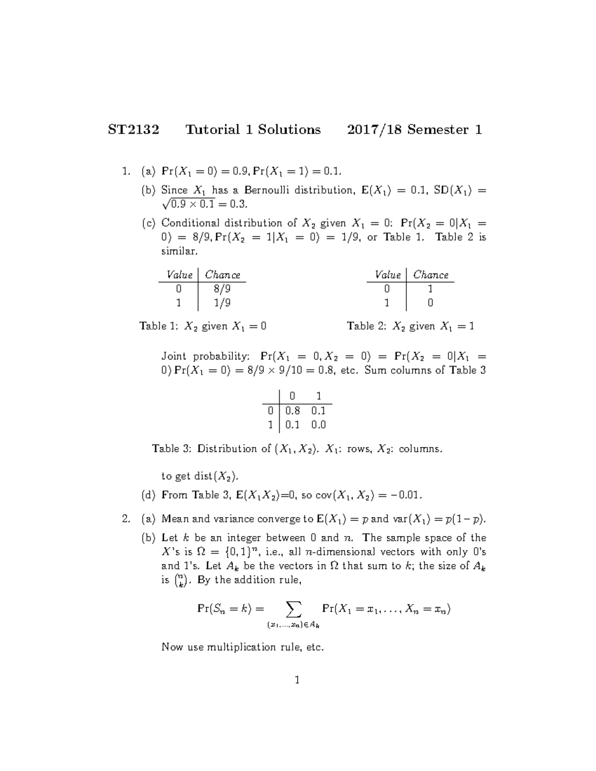 Tut1 Sol - ST2132 Tutorial 1 Solutions - ST2132 Tutorial 1 Solutions ...