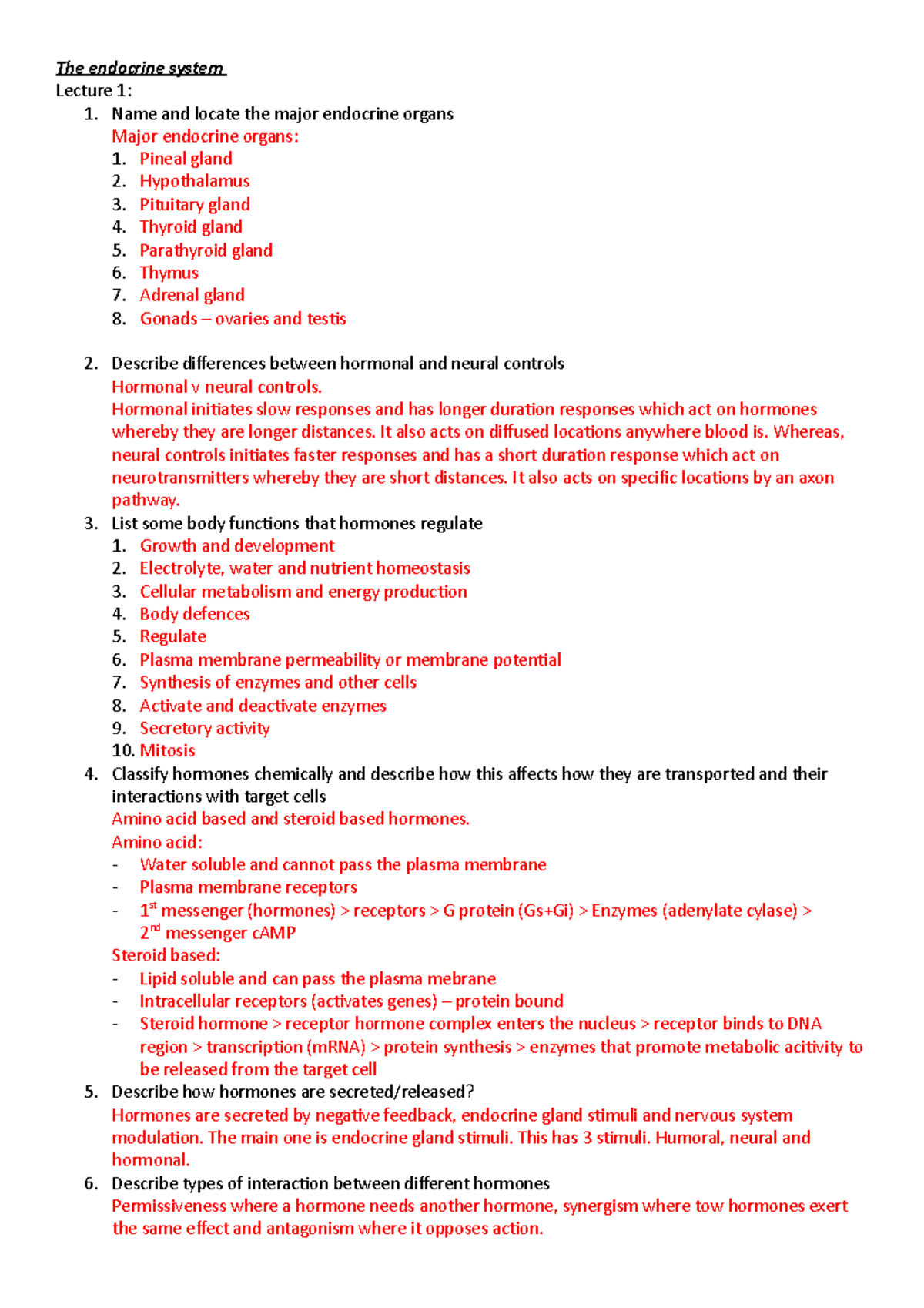 Endocrine System Summary - The endocrine system Lecture 1: 1. Name and ...