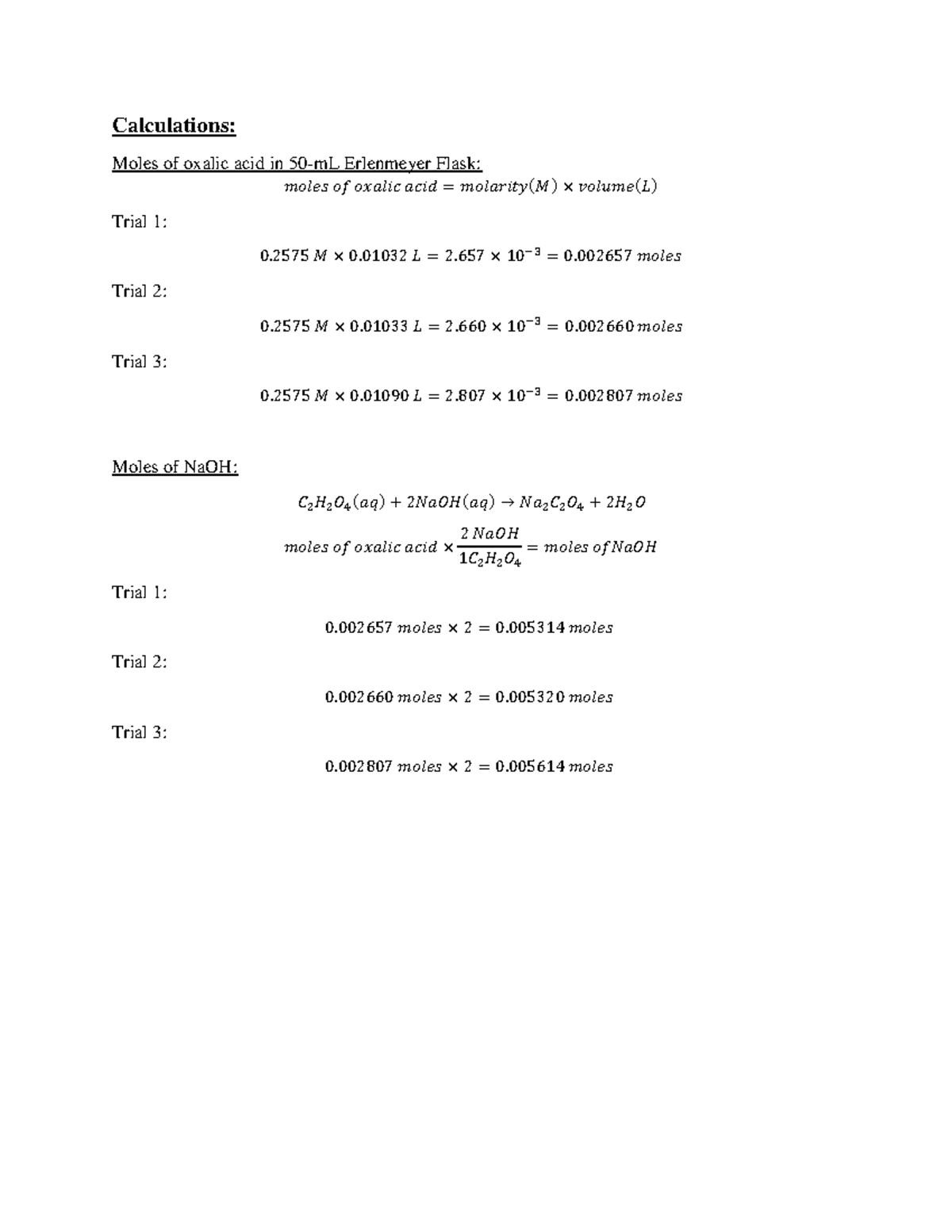 Vinegar titration lab part of lab report Calculations Moles of