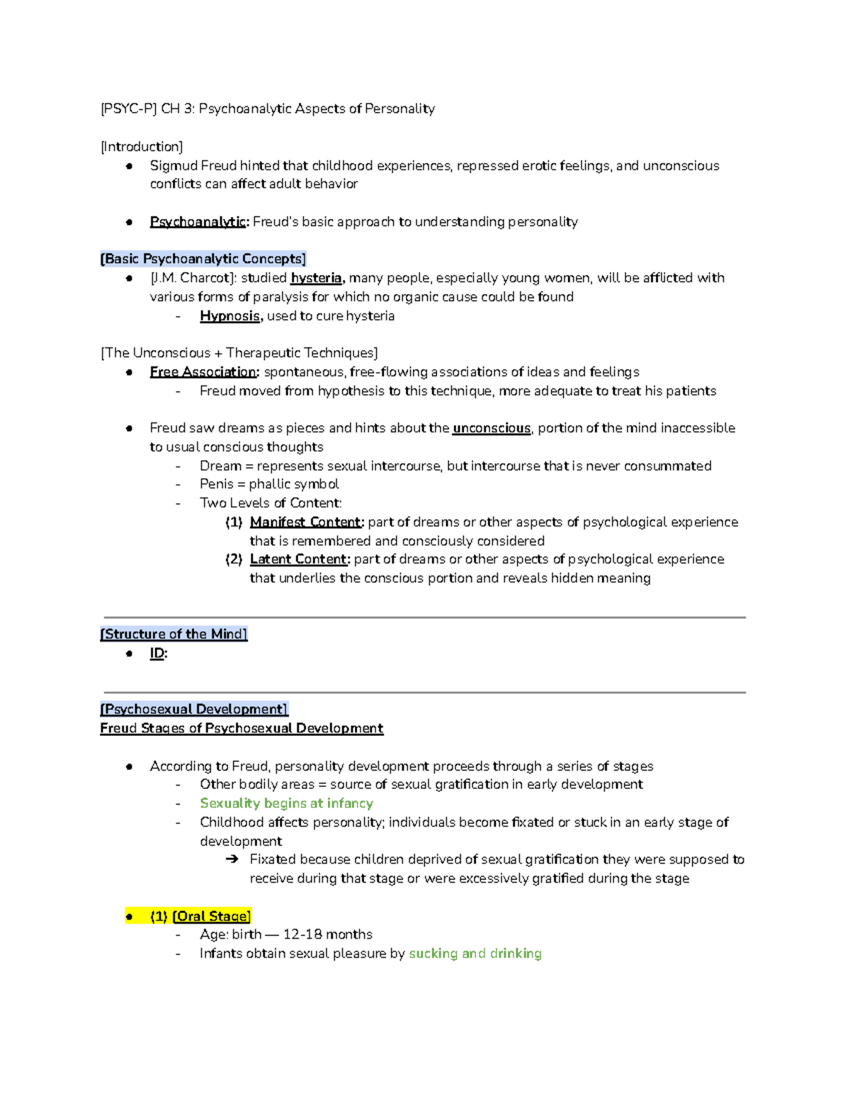 [PSYC-P] CH 3 Notes - [PSYC-P] CH 3: Psychoanalytic Aspects of ...