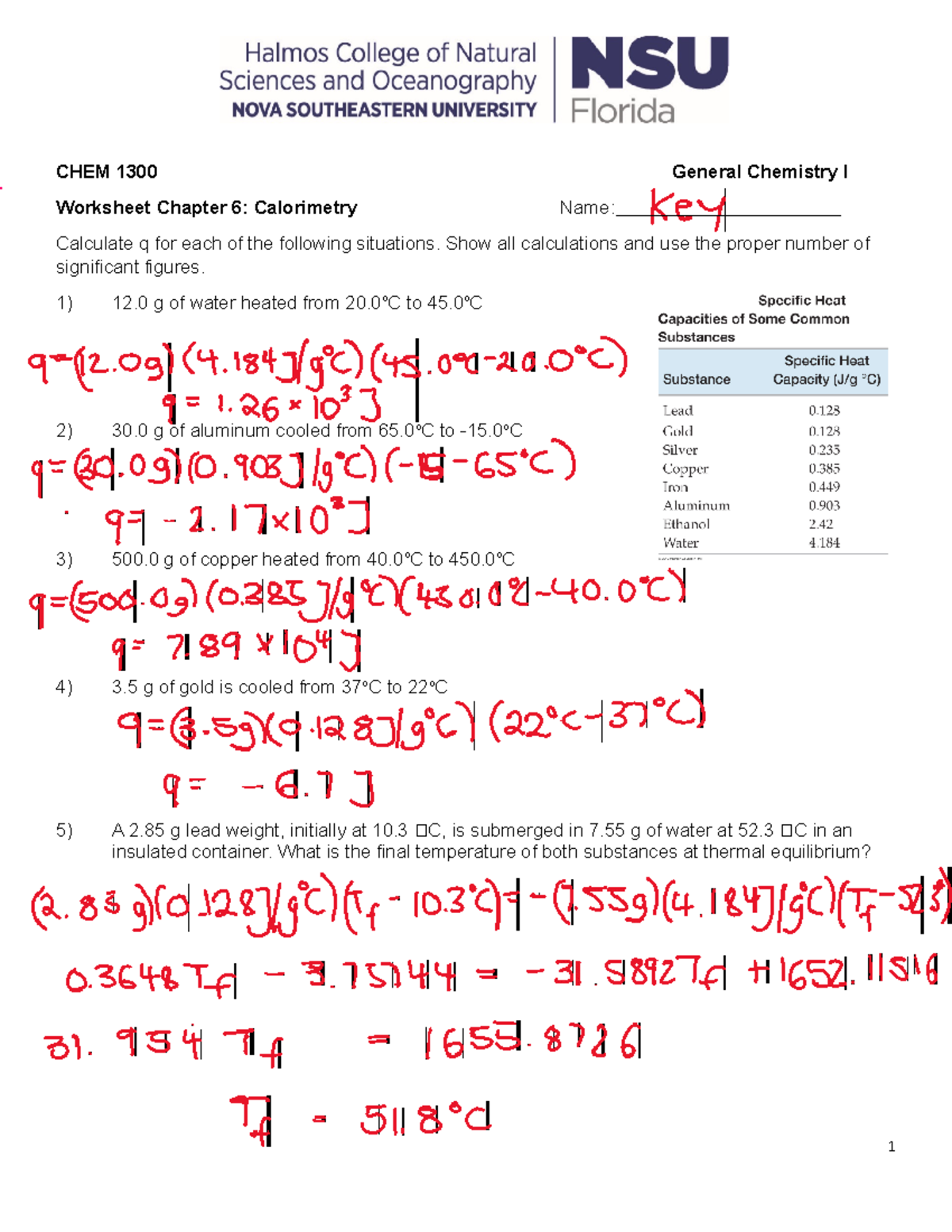 Worksheet Chapter 6 Calorimetry Key CHEM 1300 General Chemistry I 