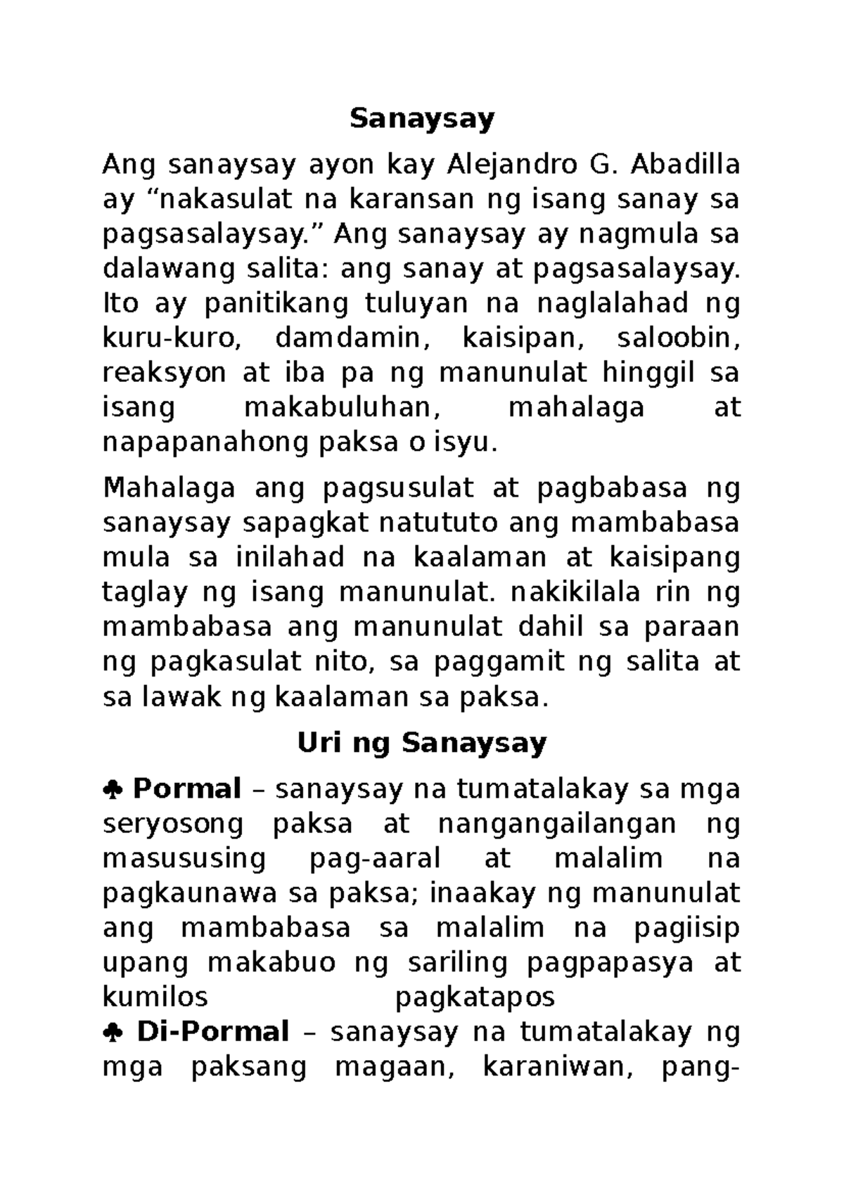 Sanaysay - Sanaysay Ang Sanaysay Ayon Kay Alejandro G. Abadilla Ay ...