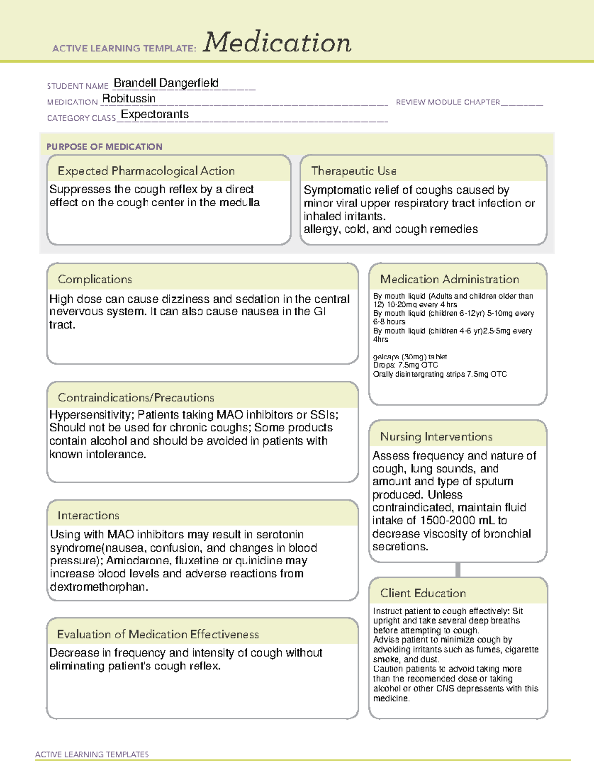 B Dangerfield Week 6 Medication Robitussin - ACTIVE LEARNING TEMPLATES ...