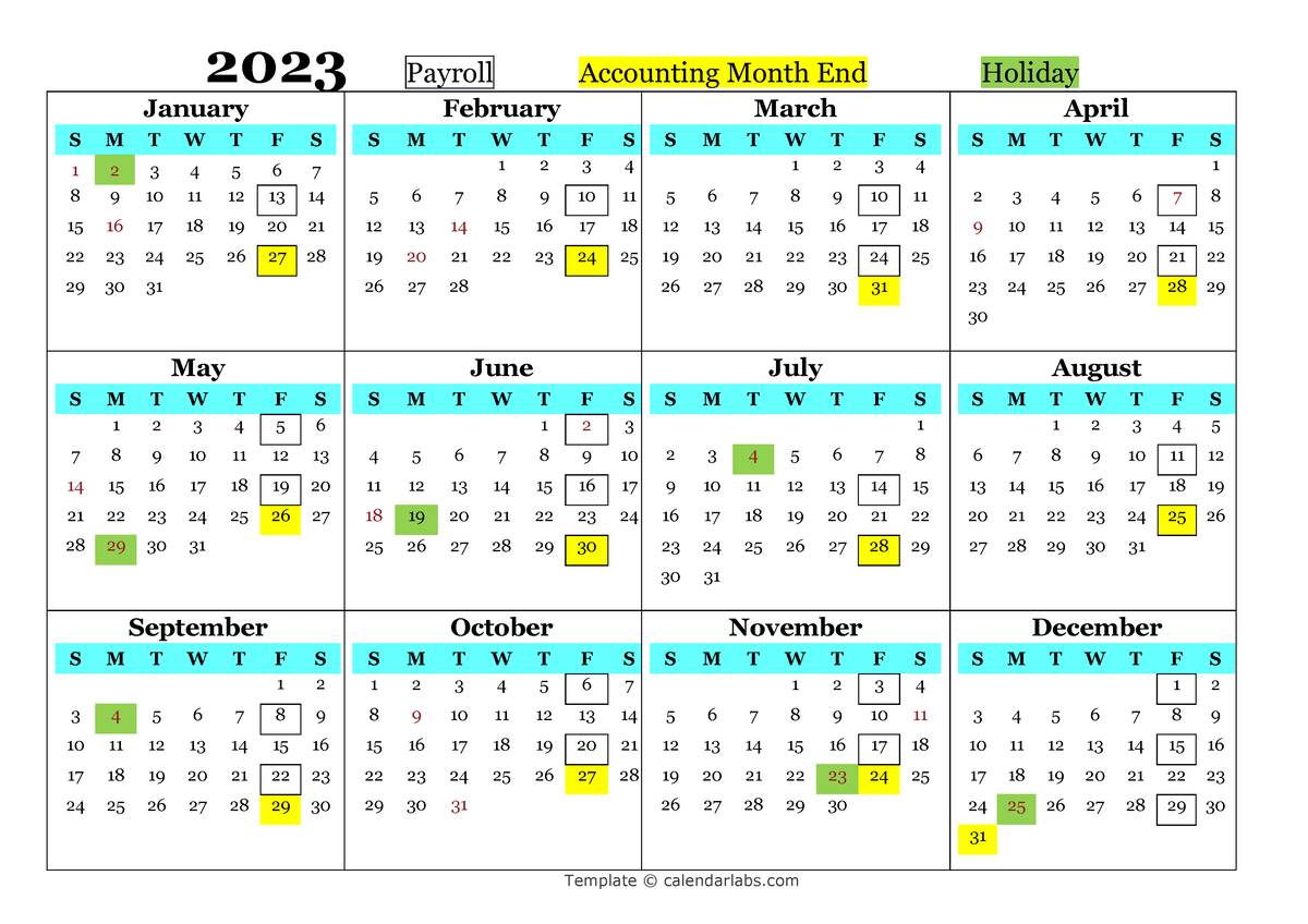 2023-Accounting Calendar - Template © calendarlabs 2023 Payroll ...