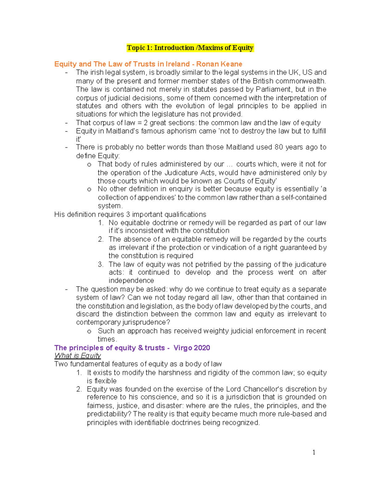 Lecture Notes - Topic 1: Introduction /Maxims of Equity Equity and The ...