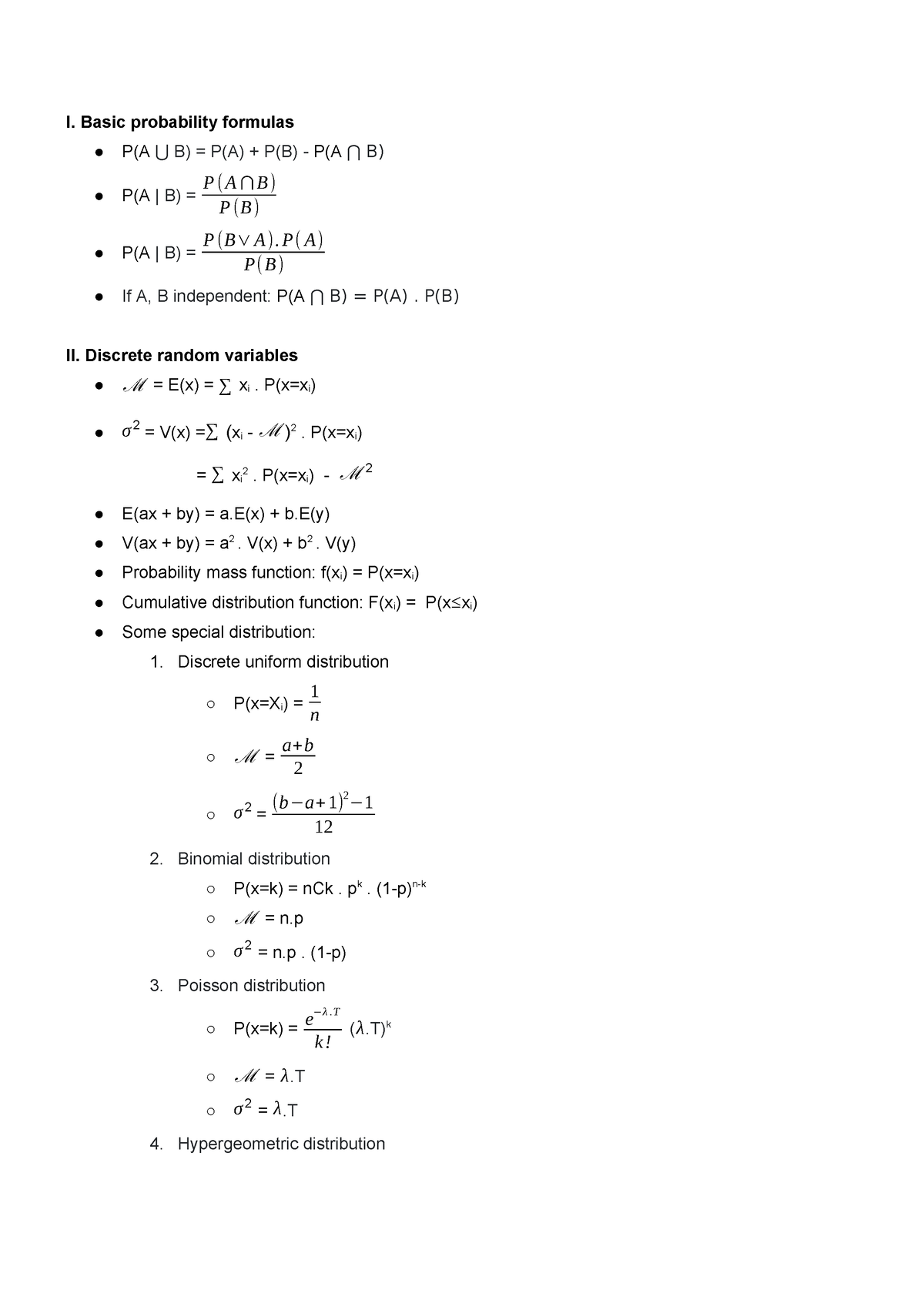 Summary-MAS291-1 - Formulas - I. Basic Probability Formulas P(A ⋃ B ...