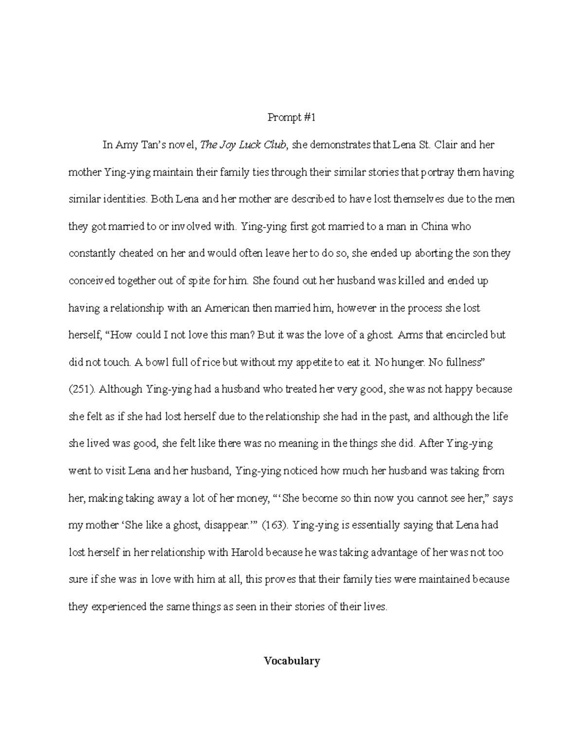 Joy Luck Club St. Clair Family Journal - Prompt In Amy Tan's novel, The ...