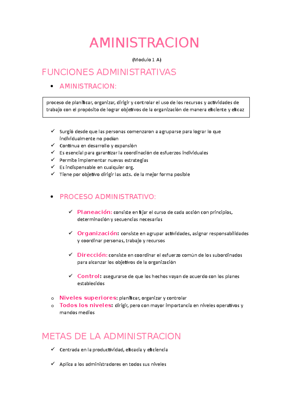 Resumen Modulo 1 Lectura 1 - AMINISTRACION (Modulo 1 A) FUNCIONES ...