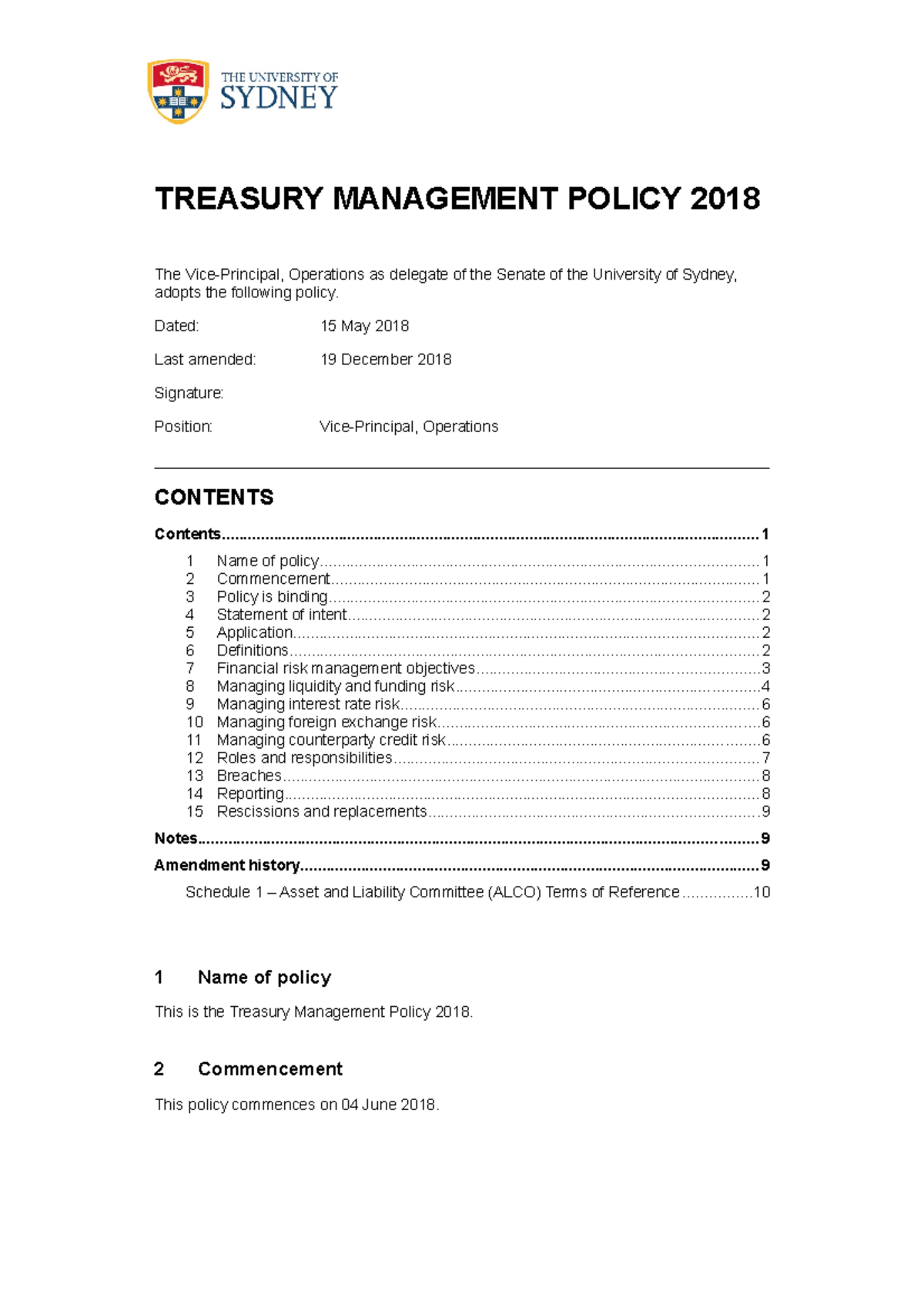 Sydney treasurement policy - TREASURY MANAGEMENT POLICY 2018 The Vice ...
