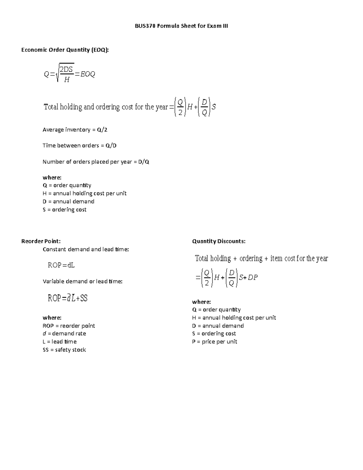 BUS+370+Exam+III+Formula+Sheet - BUS370 Formula Sheet for Exam III ...