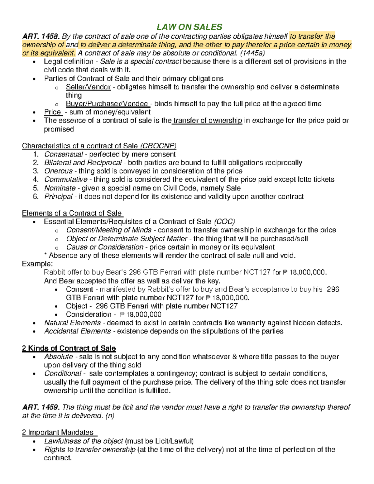 LAW Reviewer - DSFGDFGFDG - LAW ON SALES ART. 1458. By the contract of ...