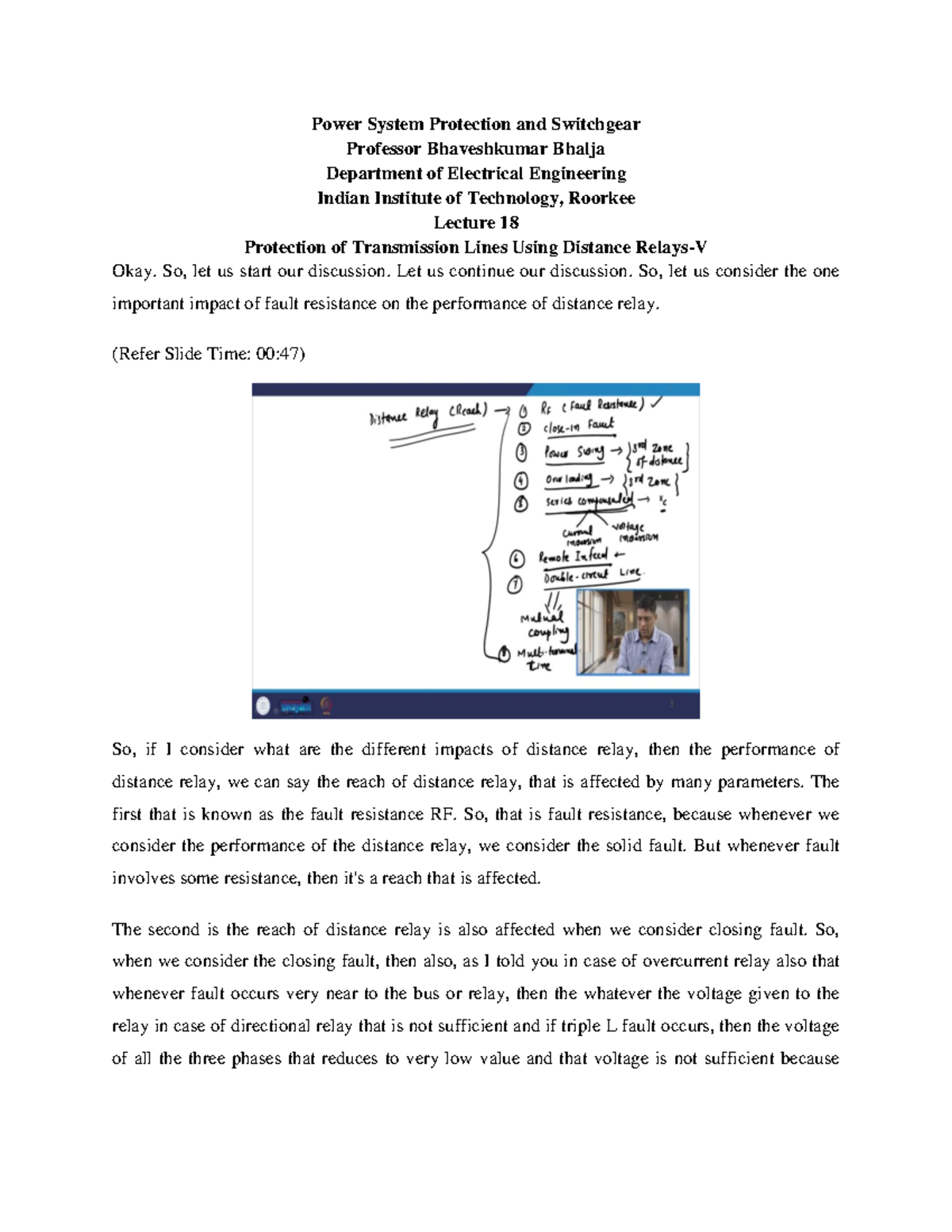 Lec18 Class notes of Professor GN Pillai Power System Protection
