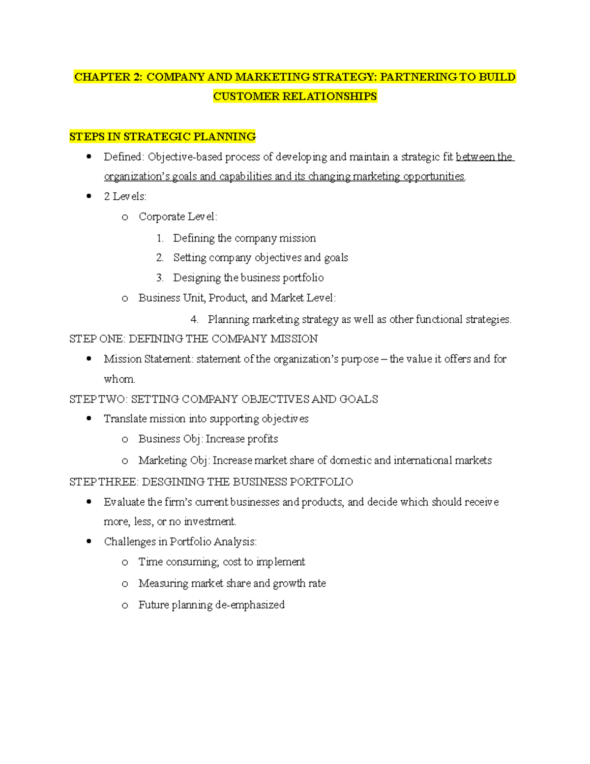Chapter 2 Study Sheet - Summary Marketing 1 - CHAPTER 2: COMPANY AND ...