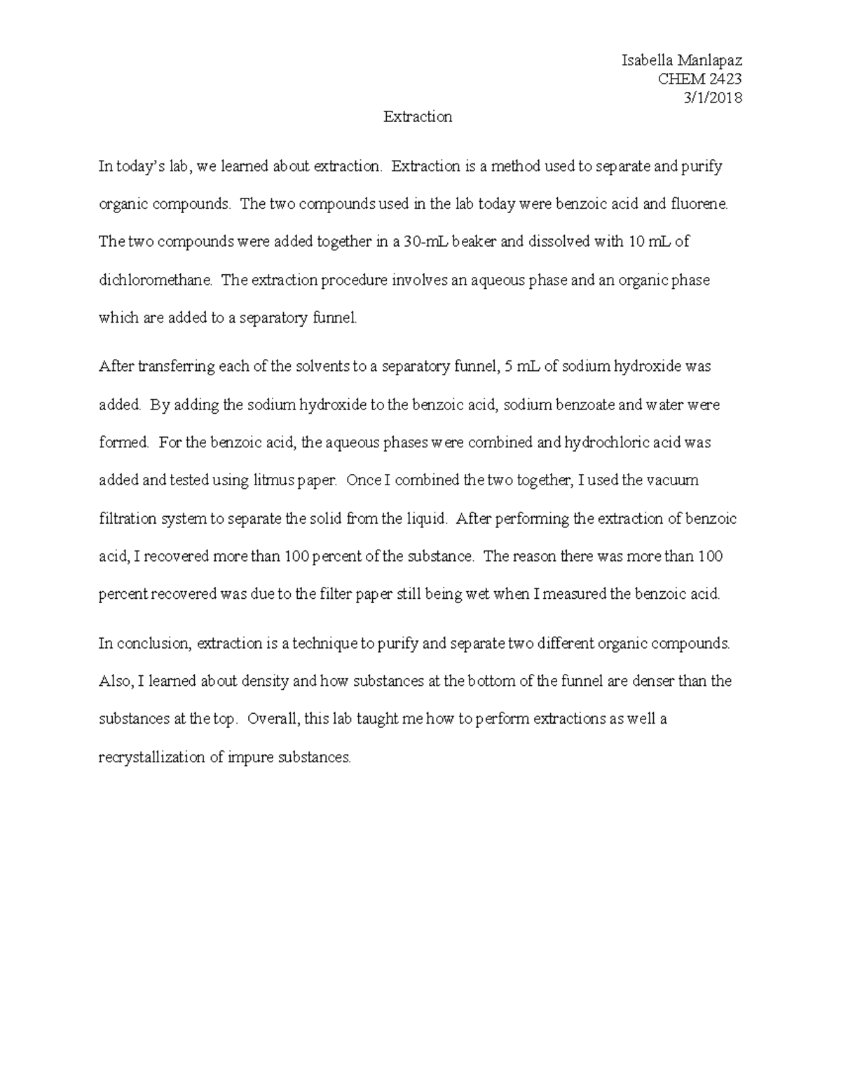 Extraction Lab Summary as part of Organic Chemistry Lab instructed by