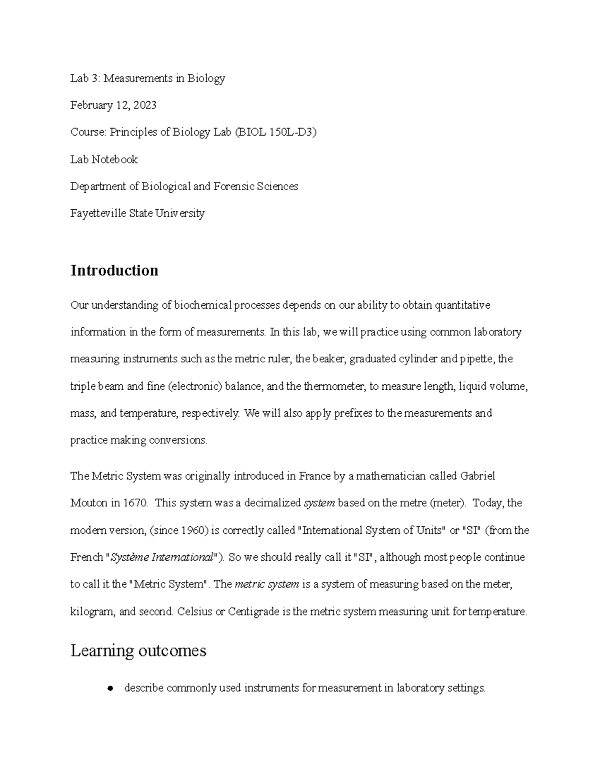 Lab 3 Measurements in Biology Lab 3 Measurements in Biology February