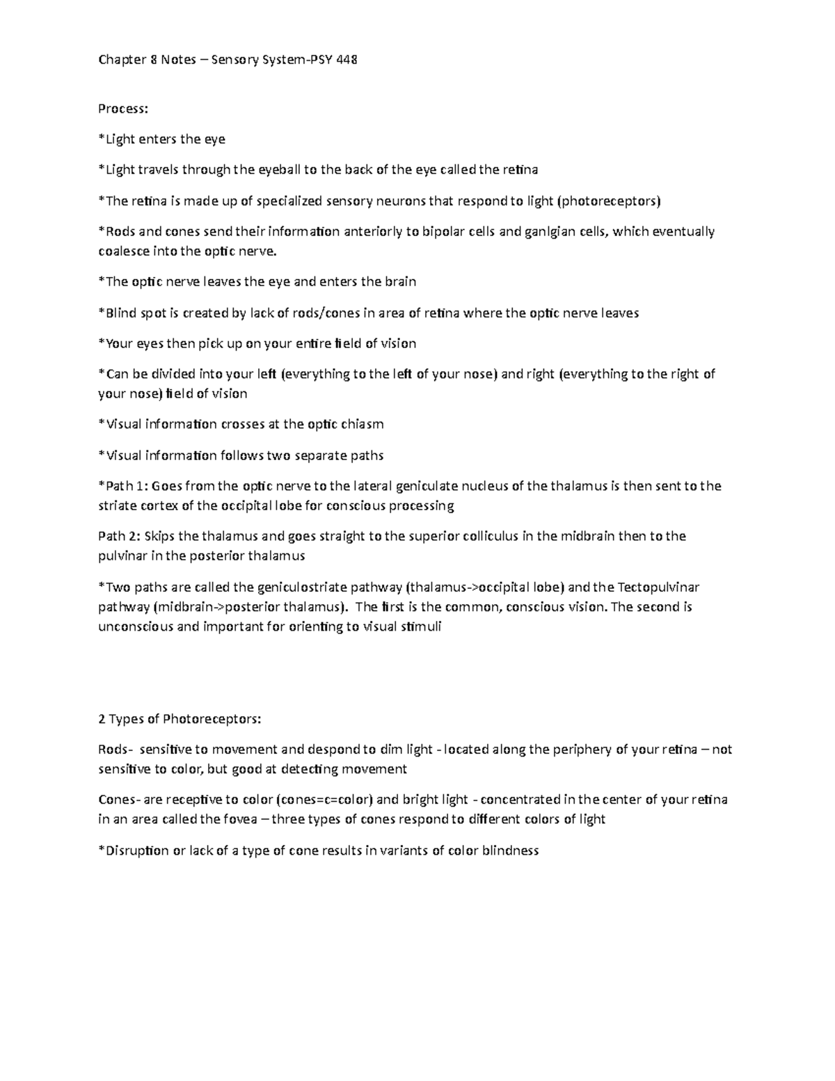 Chapter 8 - p 3 - Lecture notes that cover what the sensory system is ...
