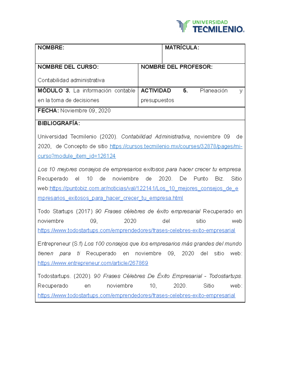 Act 5 Contabilidad administrativa - NOMBRE: MATRÍCULA: NOMBRE DEL CURSO ...