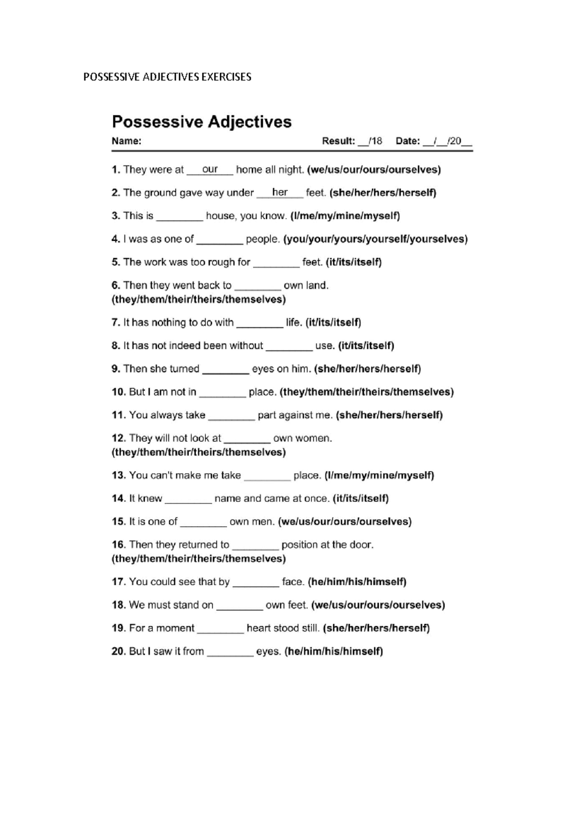 Possessive Adjectives Exercises - Ingles I - POSSESSIVE ADJECTIVES ...