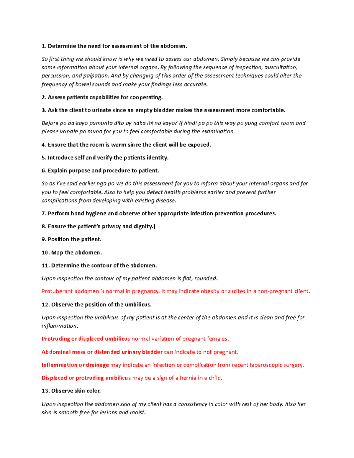 Script SA Abdomen BE - Determine the need for assessment of the abdomen ...