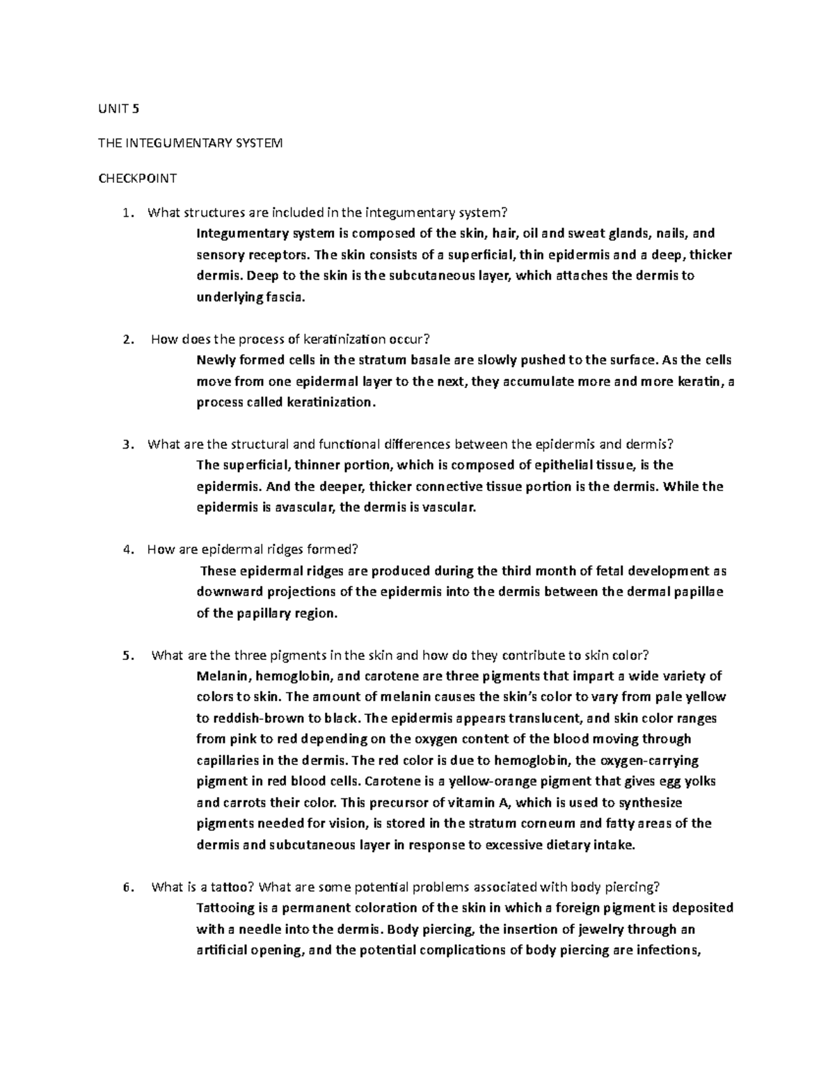 UNIT 5 THE Integumentary System Checklist & Answers Principle OF ...