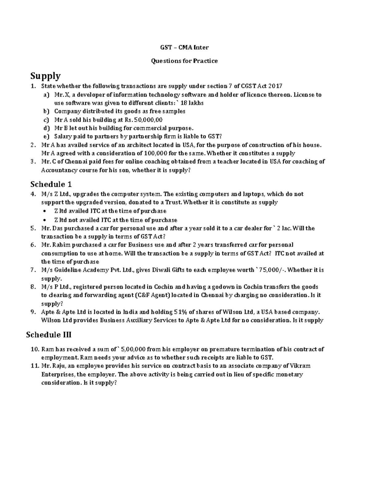 Question For Practice GST CMA Inter Questions For Practice Supply 