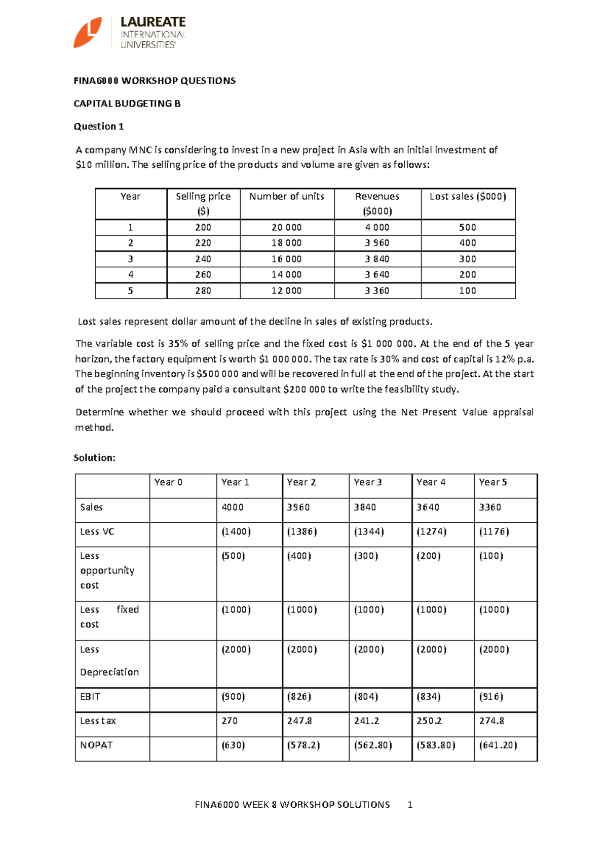 FINA6000 Workshop Solutions Capital Budgeting B - FINA6000 WORKSHOP ...