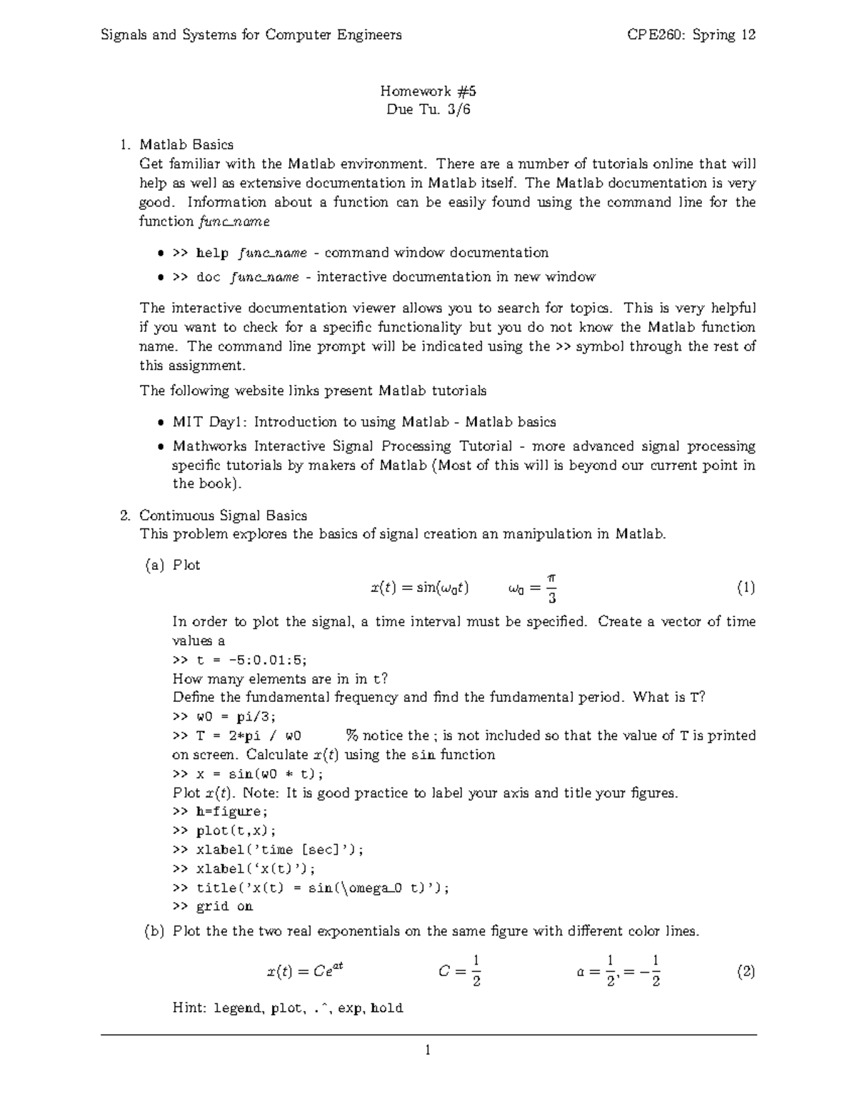 Hw05 - Homework 5 - Signals And Systems For Computer Engineers CPE260 ...