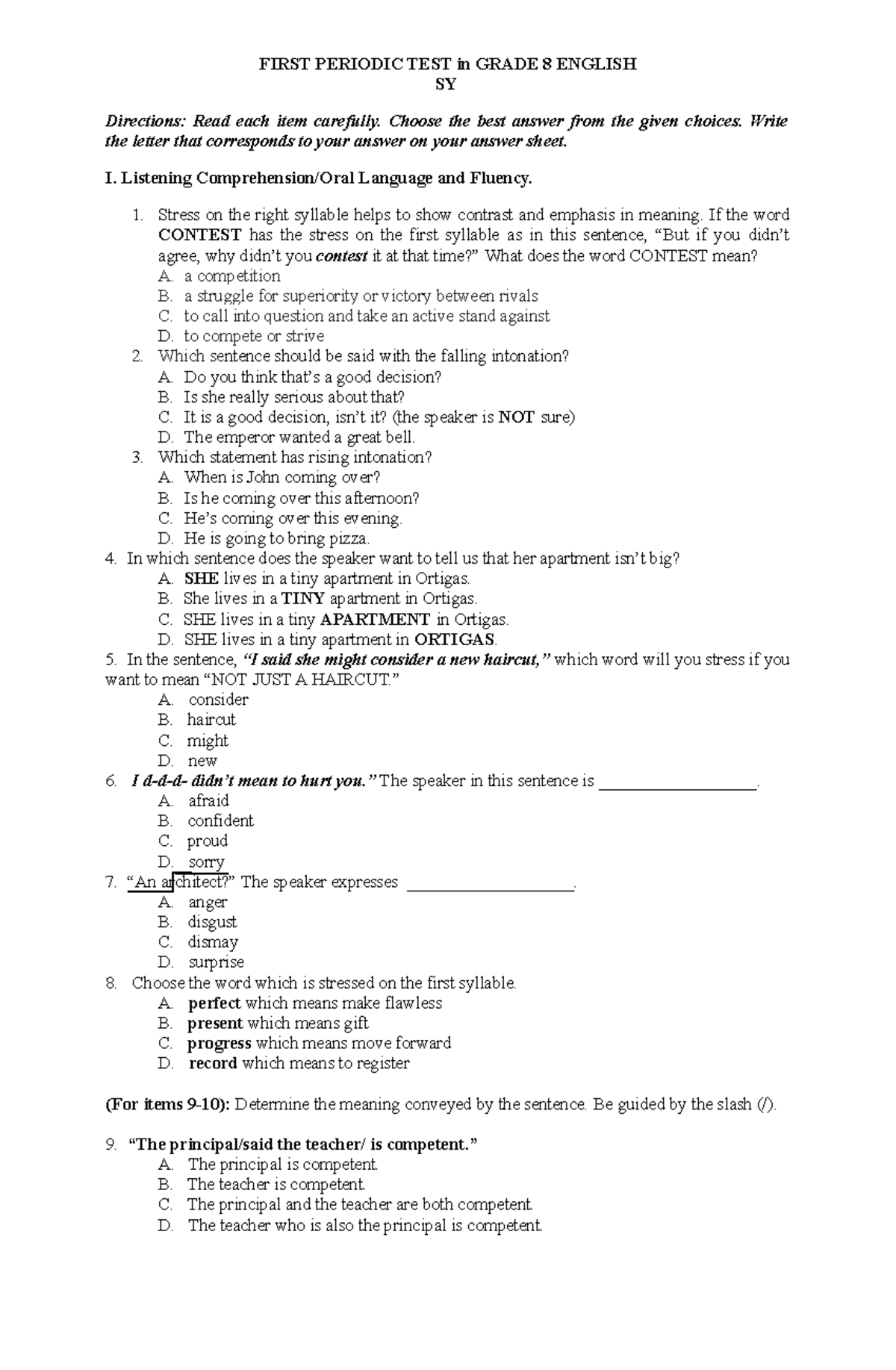 PT English 8 Q1 - FIRST PERIODIC TEST in GRADE 8 ENGLISH SY Directions ...