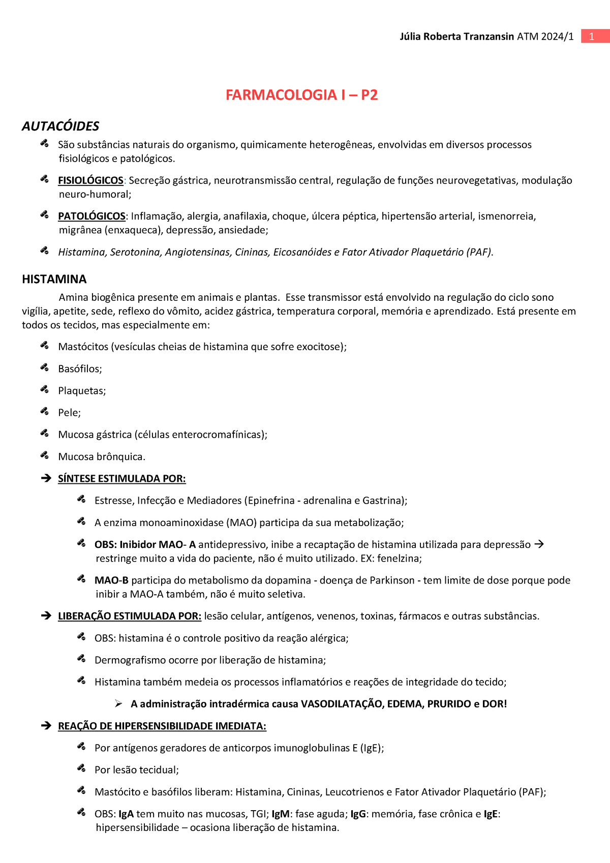 Farmacologia Clínica E Terapêutica I Conteúdos Para A Prova 2 Farmacologia I P AutacÓides 0620