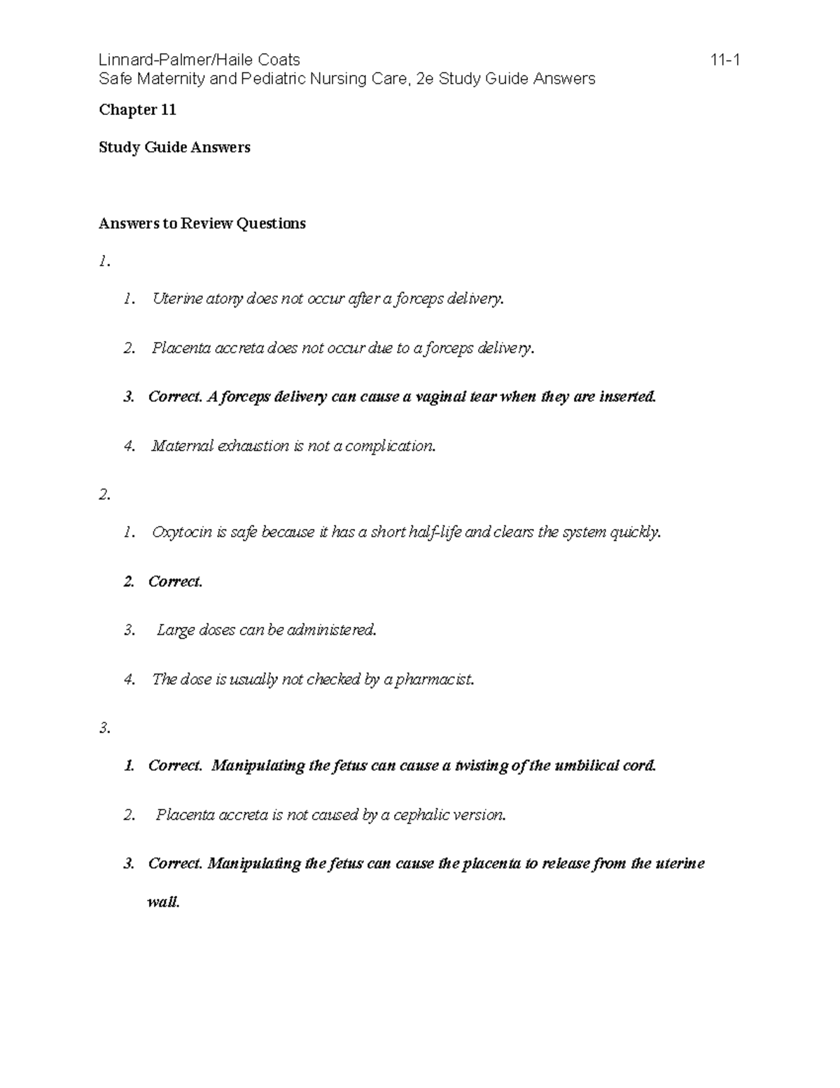 Chapter 11 study guide answers Safe Maternity and Pediatric Nursing