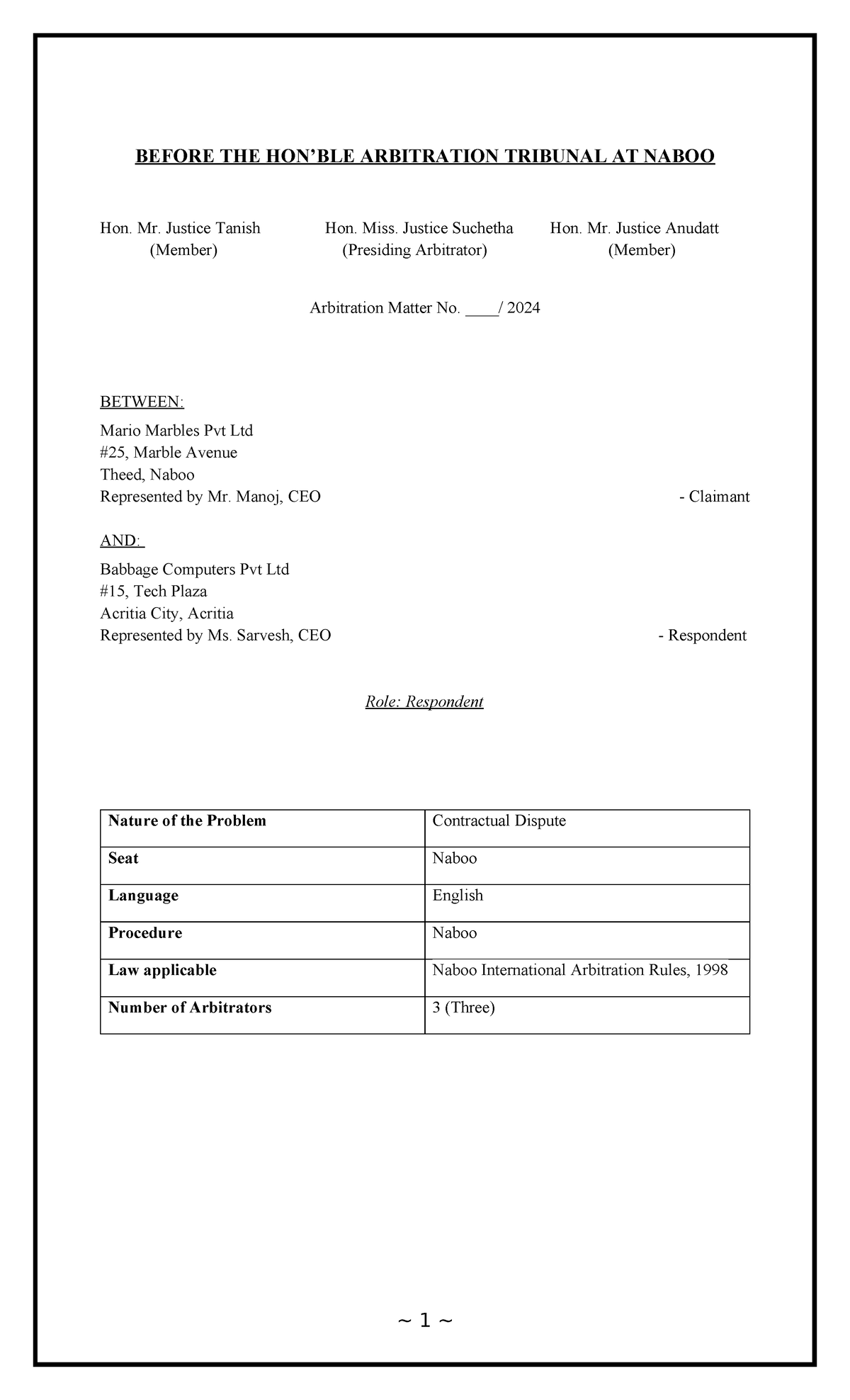 Statement of Defence - BEFORE THE HON’BLE ARBITRATION TRIBUNAL AT NABOO ...