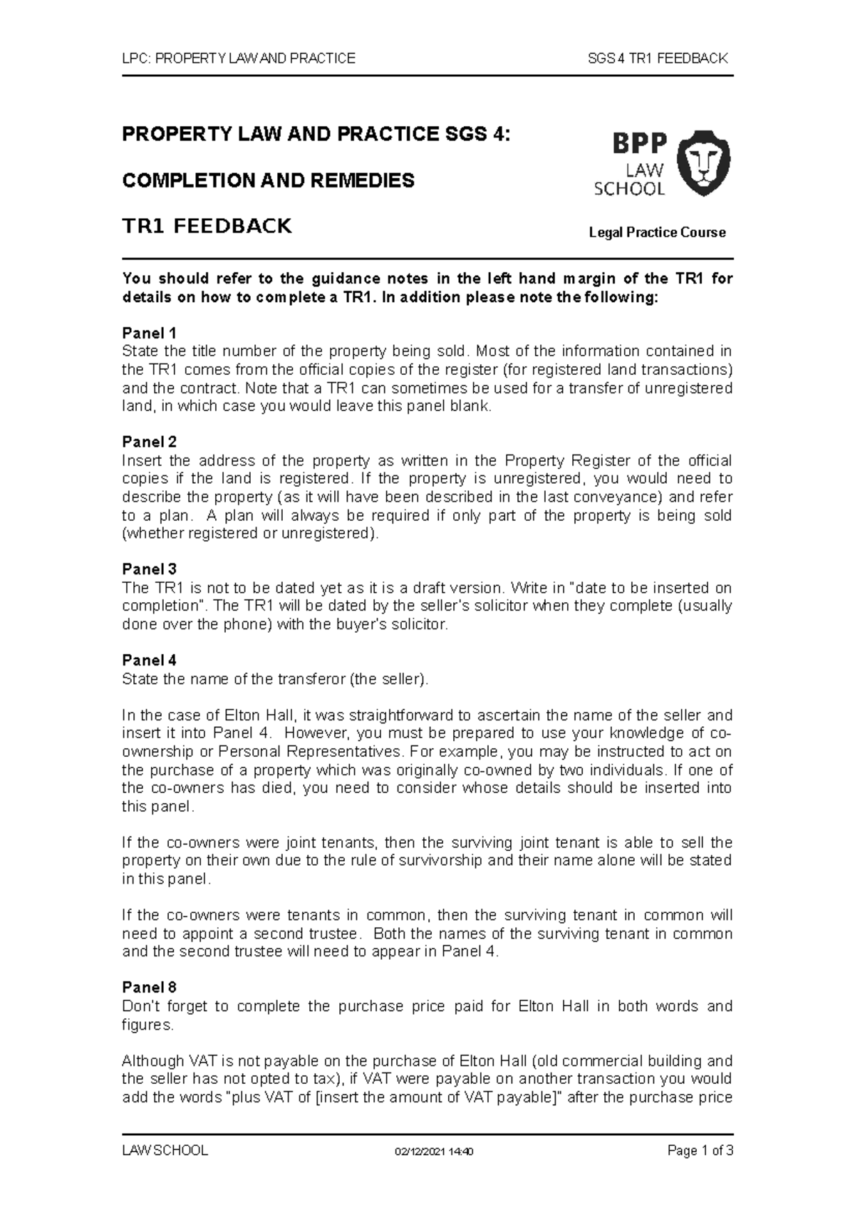 Property SGS 4 TR1 feedback 2021-22 - LPC: PROPERTY LAW AND PRACTICE ...