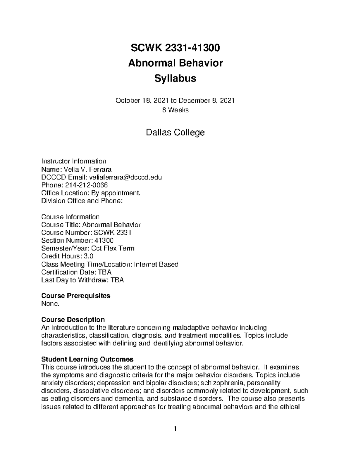 SCWK 2331 Syllabus - N/A - SCWK 2331- 41300 Abnormal Behavior Syllabus ...