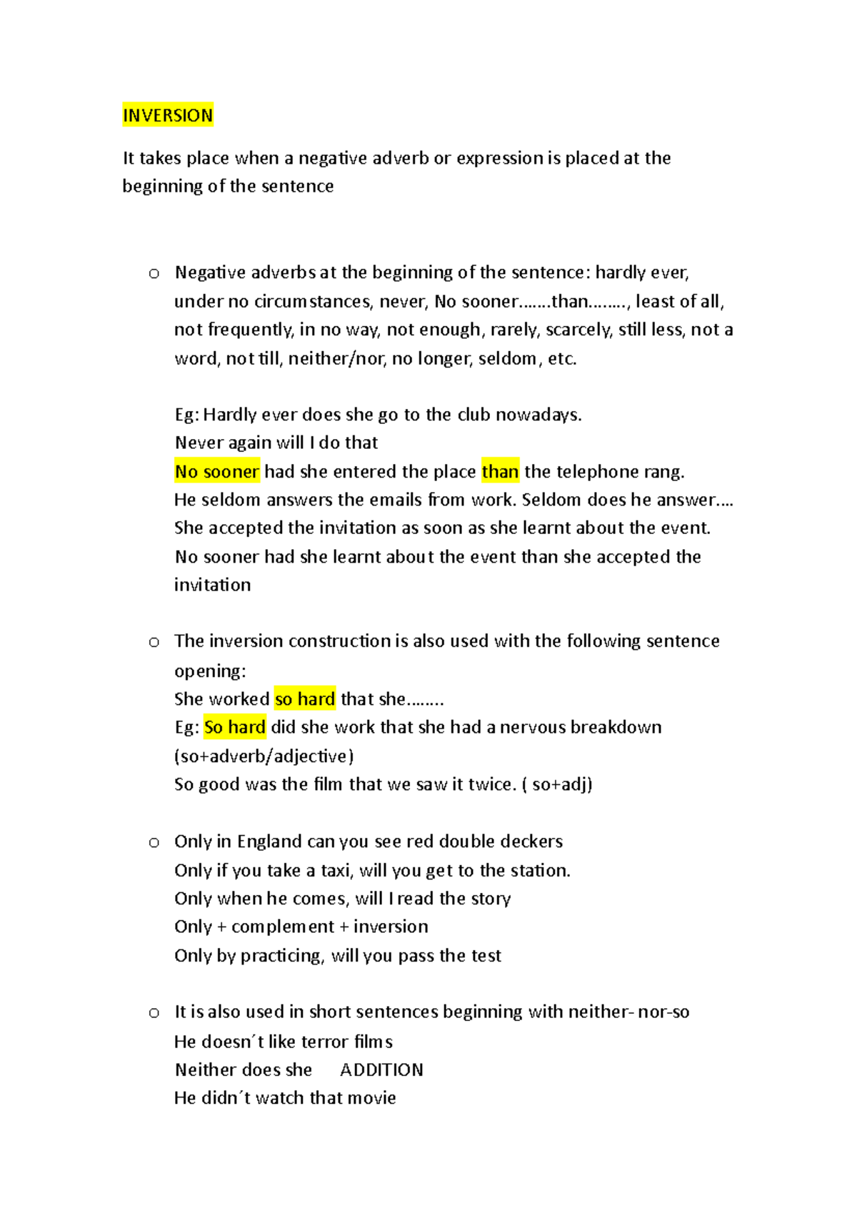 Inversion - paraphrasing - INVERSION It takes place when a negative ...