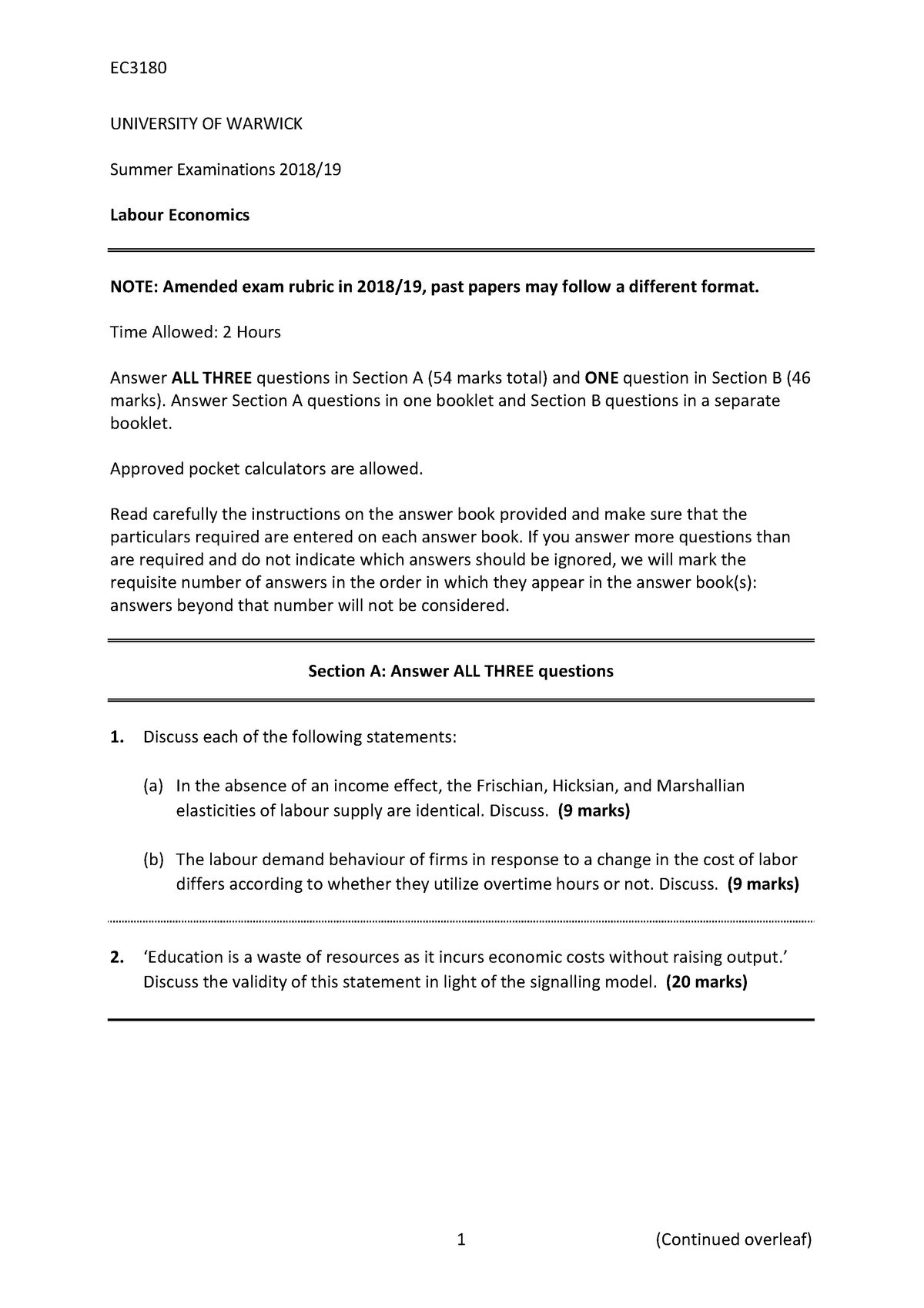 EC318 Labour Economics: Practice Paper - 1 (Continued overleaf ...