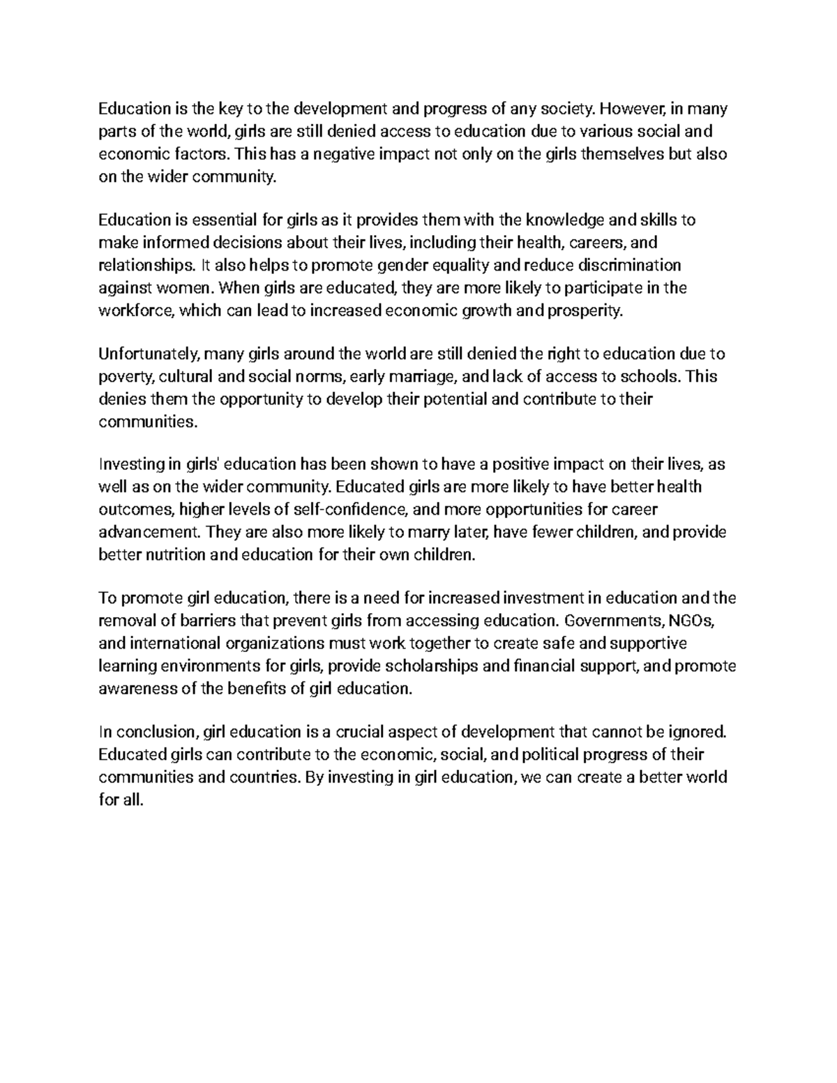 Girl education Essay Education is the key to the development and