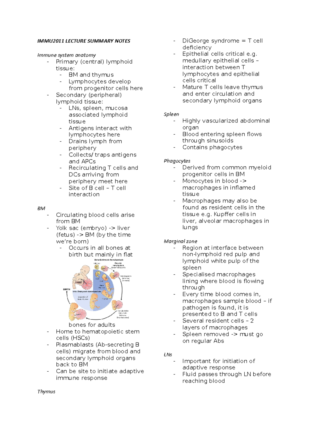 DATA1001 Lecture Summary Notes - IMMU2011 LECTURE SUMMARY NOTES Immune ...